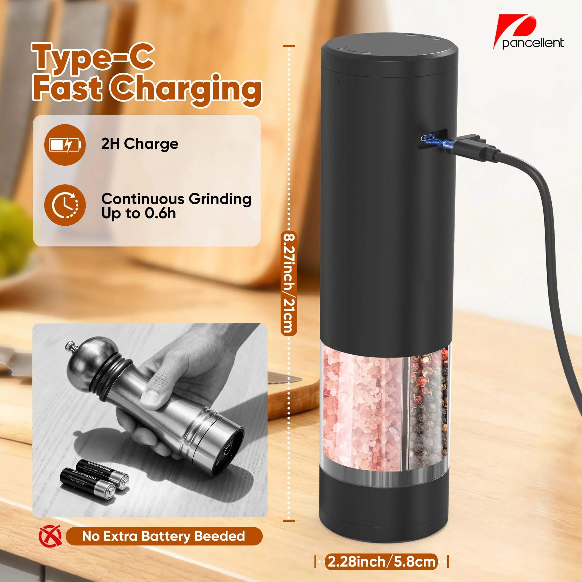 Moulin à poivre et sel électrique 2 en 1 rechargeable USB, automatique avec éclairage LED, réglable