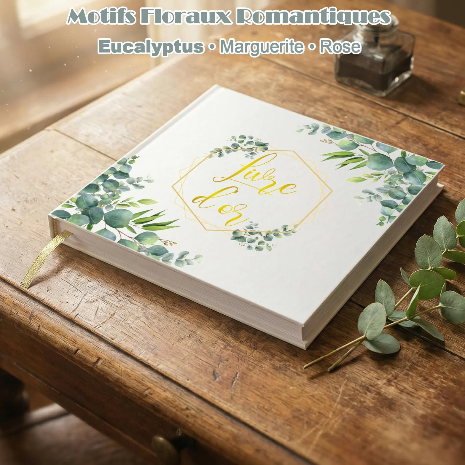 Livre d'or Mariage Motifs Floraux 21.5x21.5 cm Couverture Rigide 120 Pages Scrapbooking (Feuilles d'eucalyptus)