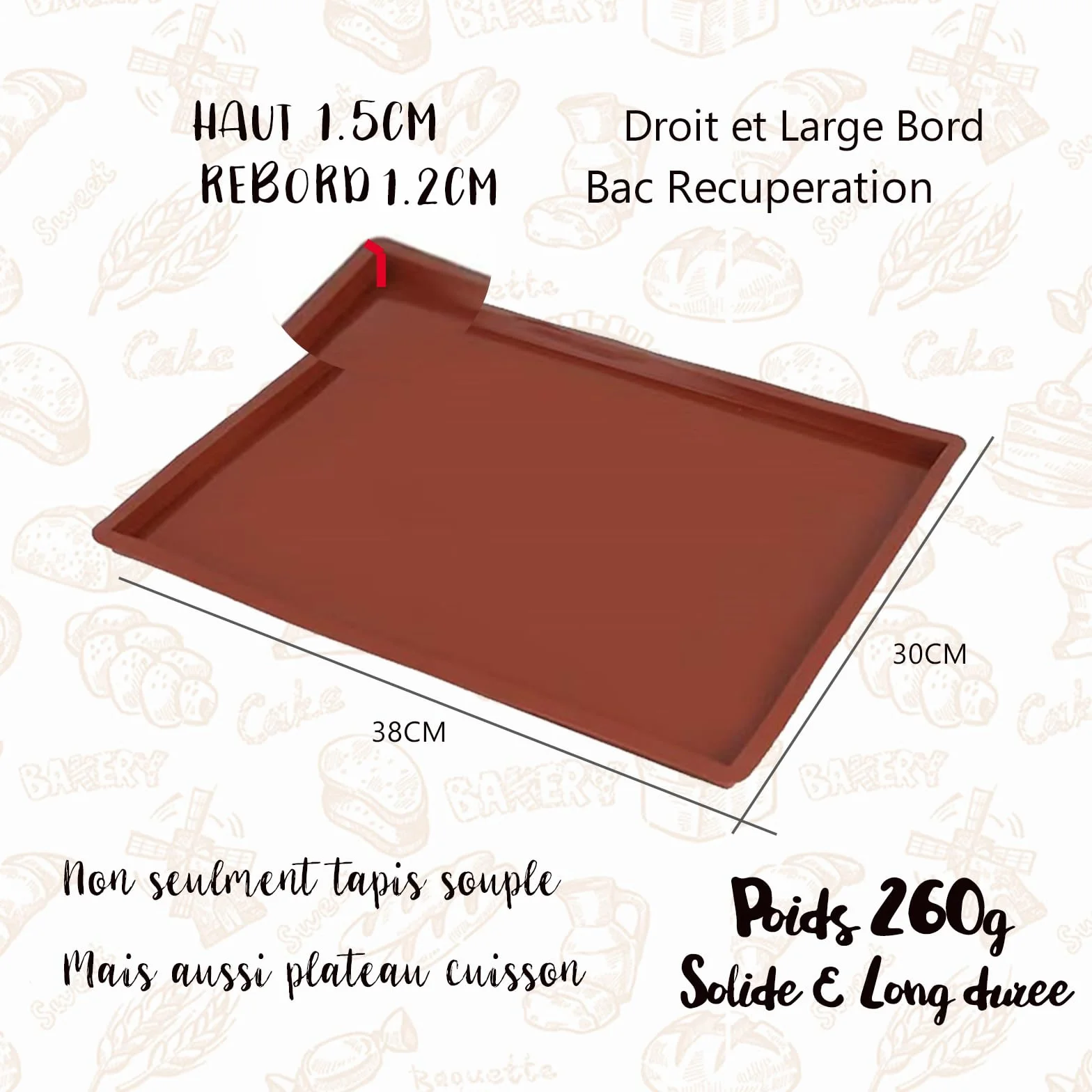 Moule Genoise Rebords 38x30x1.5cm Silicone Tapis Cuisson anti-débordement Rectangulaire
