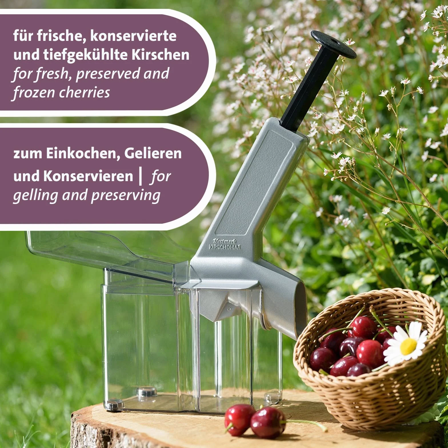 Westmark Kirschomat Dénoyauteur à Cerises avec Goulotte et Caissette à Noyaux, Plastique/Inox/Aluminium, Argenté/Noir/Transparent