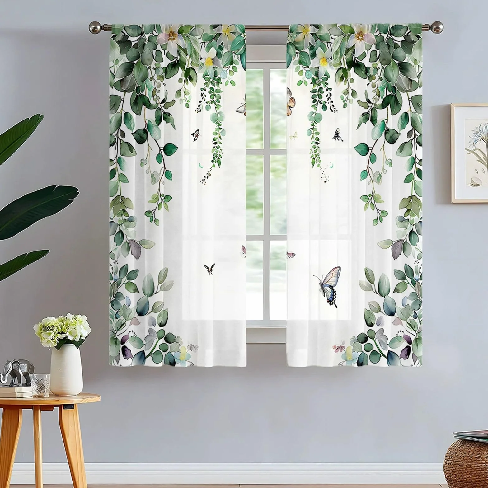 Odot Rideau Voilage Semi Occultant Passe Tringle Motif Feuille Verte 3D 2 Pieces Semi Transparent Fenetre Decoration Salon Chambre