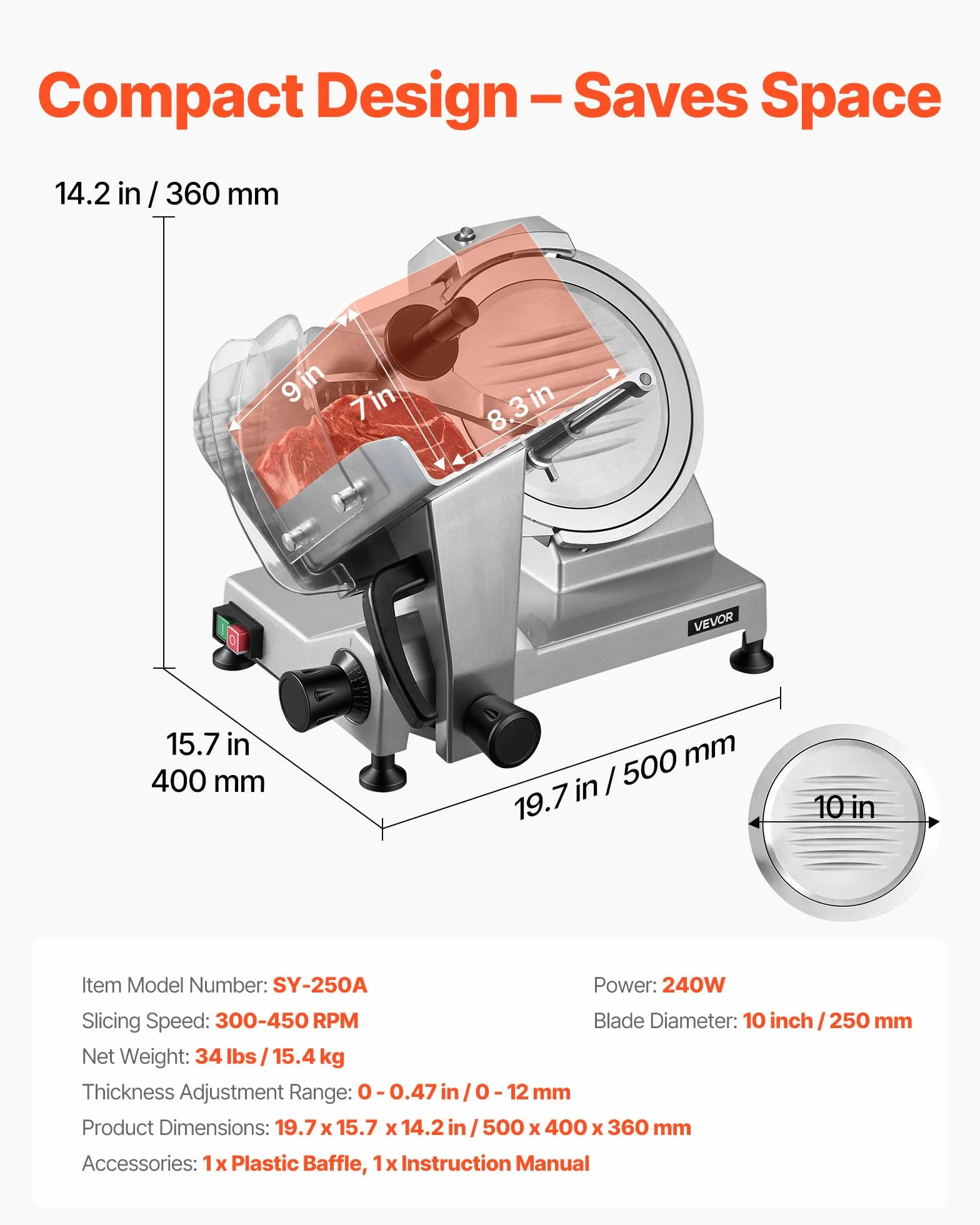 VEVOR Trancheuse Électrique 240 W, Lame Acier Carbone 250 mm, Épaisseur Coupe Réglable 0-12 mm, Trancheuse à Jambon