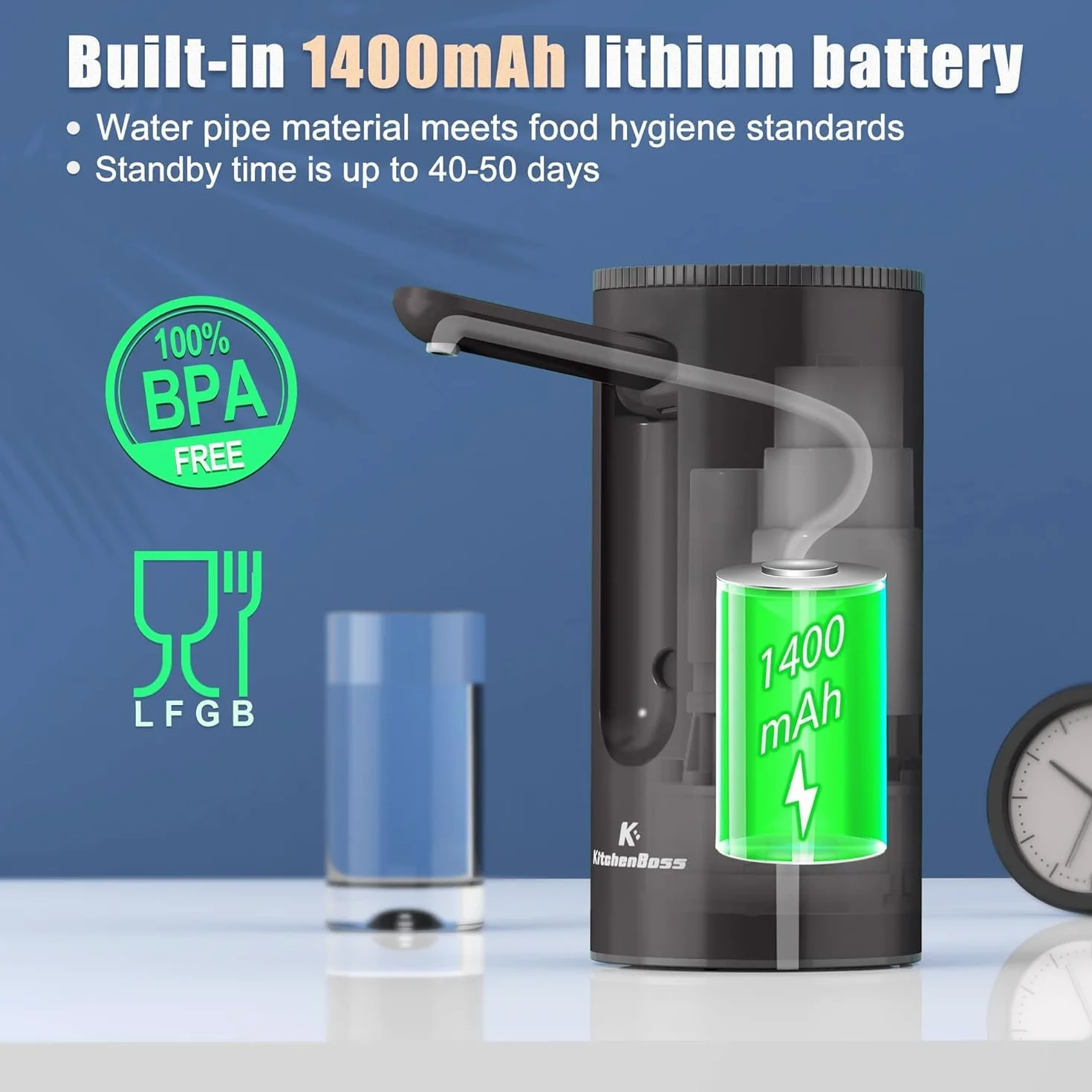 KitchenBoss Pompe Distributeur d'Eau Électrique USB Type-C pour Bouteilles 3.8-18.9 L Noir