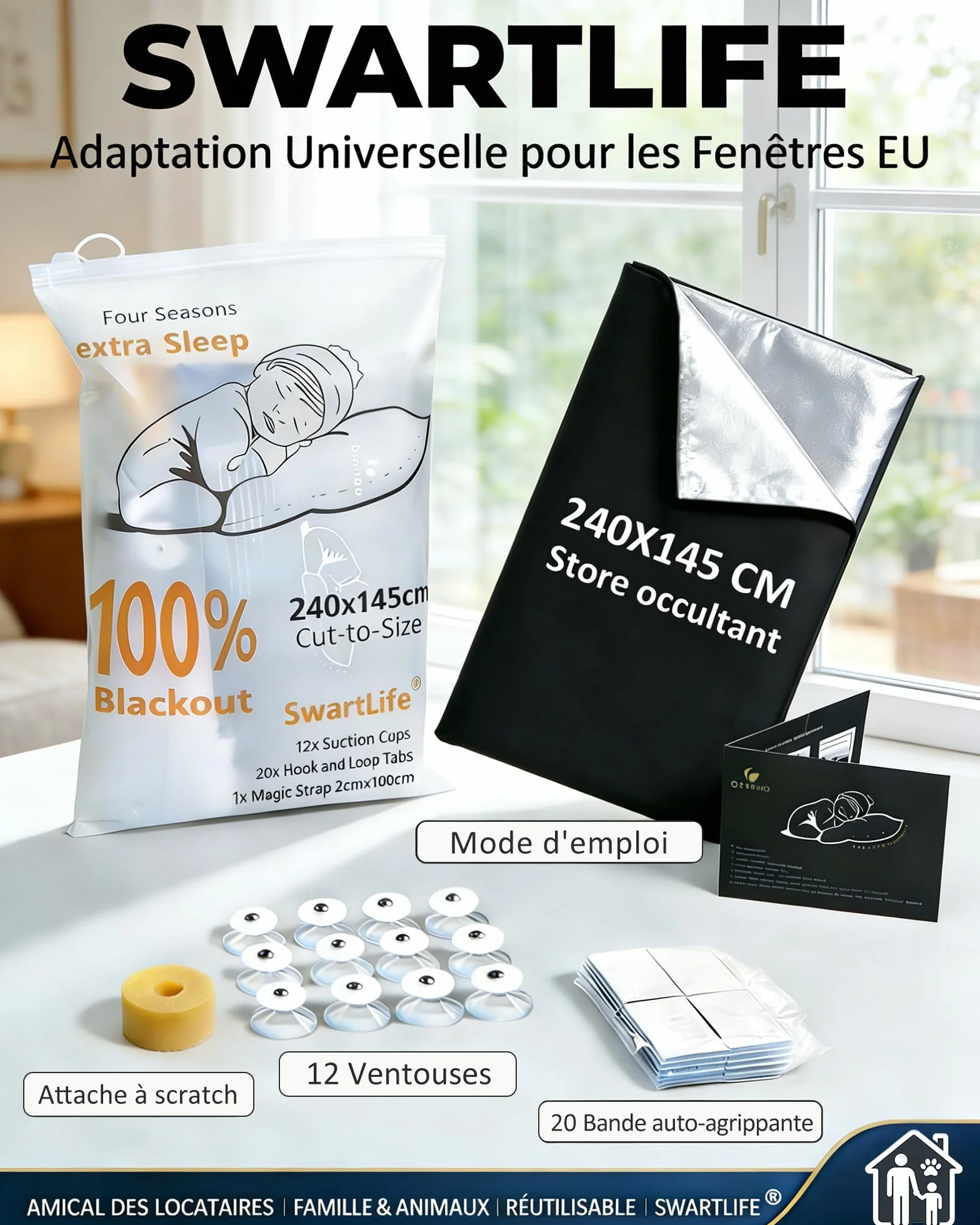 Occultant sans Perçage 240x145 cm Ventouses Auto-adhésif Fenêtre Protection Solaire Intérieure
