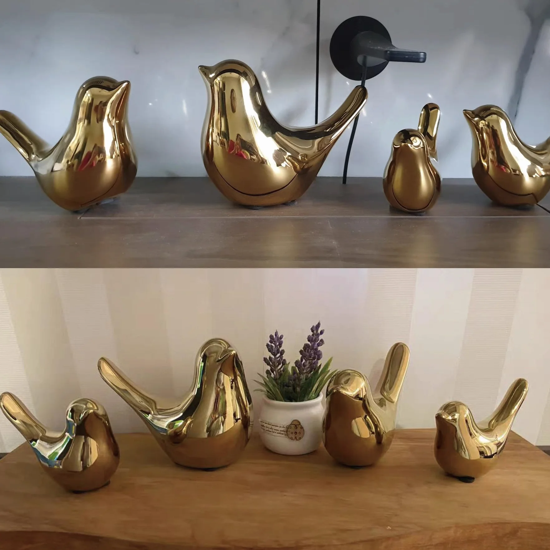 Lot de 2 statues d'oiseaux en céramique, sculptures modernes pour jardin, maison, bureau (Or)
