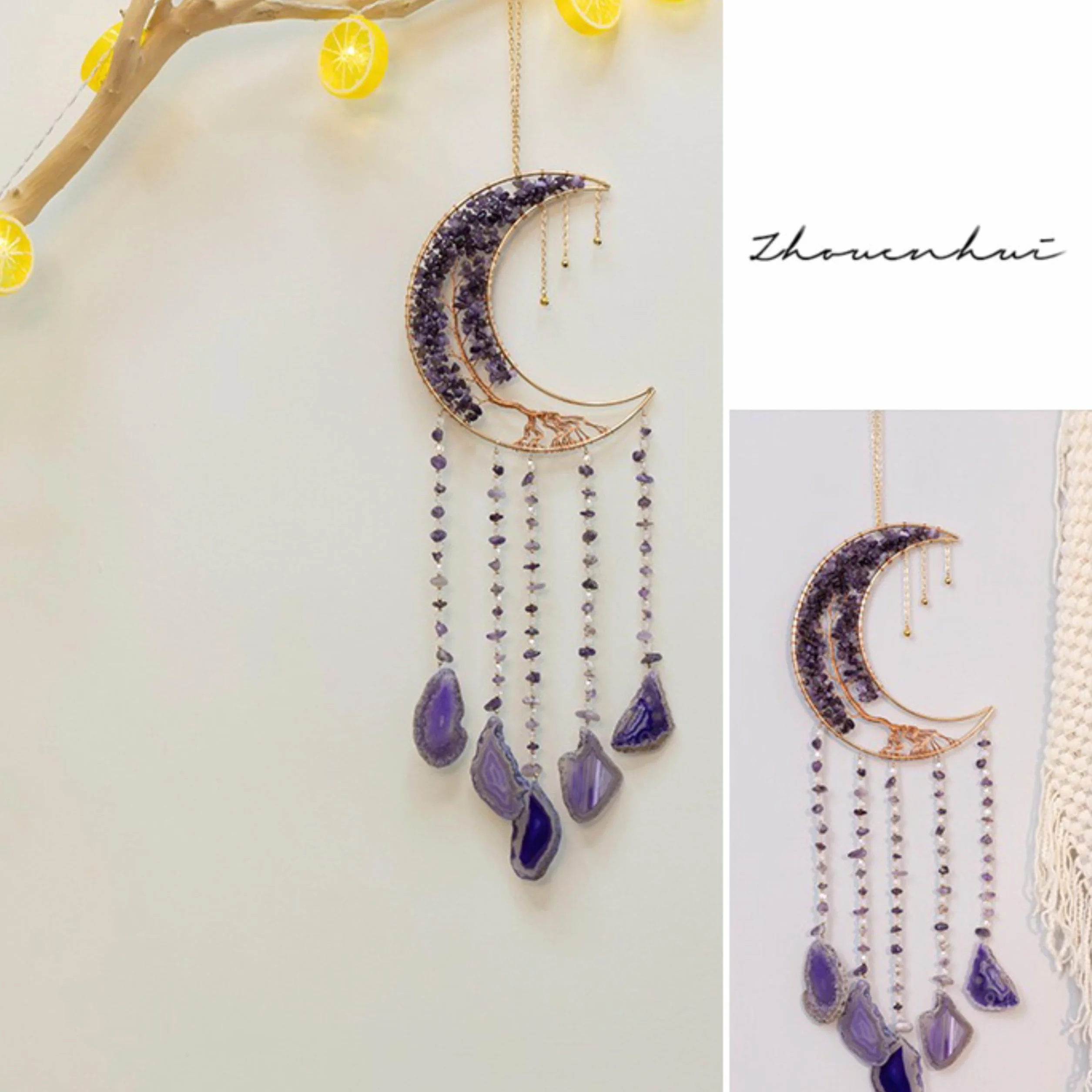 Attrape-rêves arbre de vie cristaux de lune violette agate naturelle décoration murale yoga fenêtres jardin intérieur