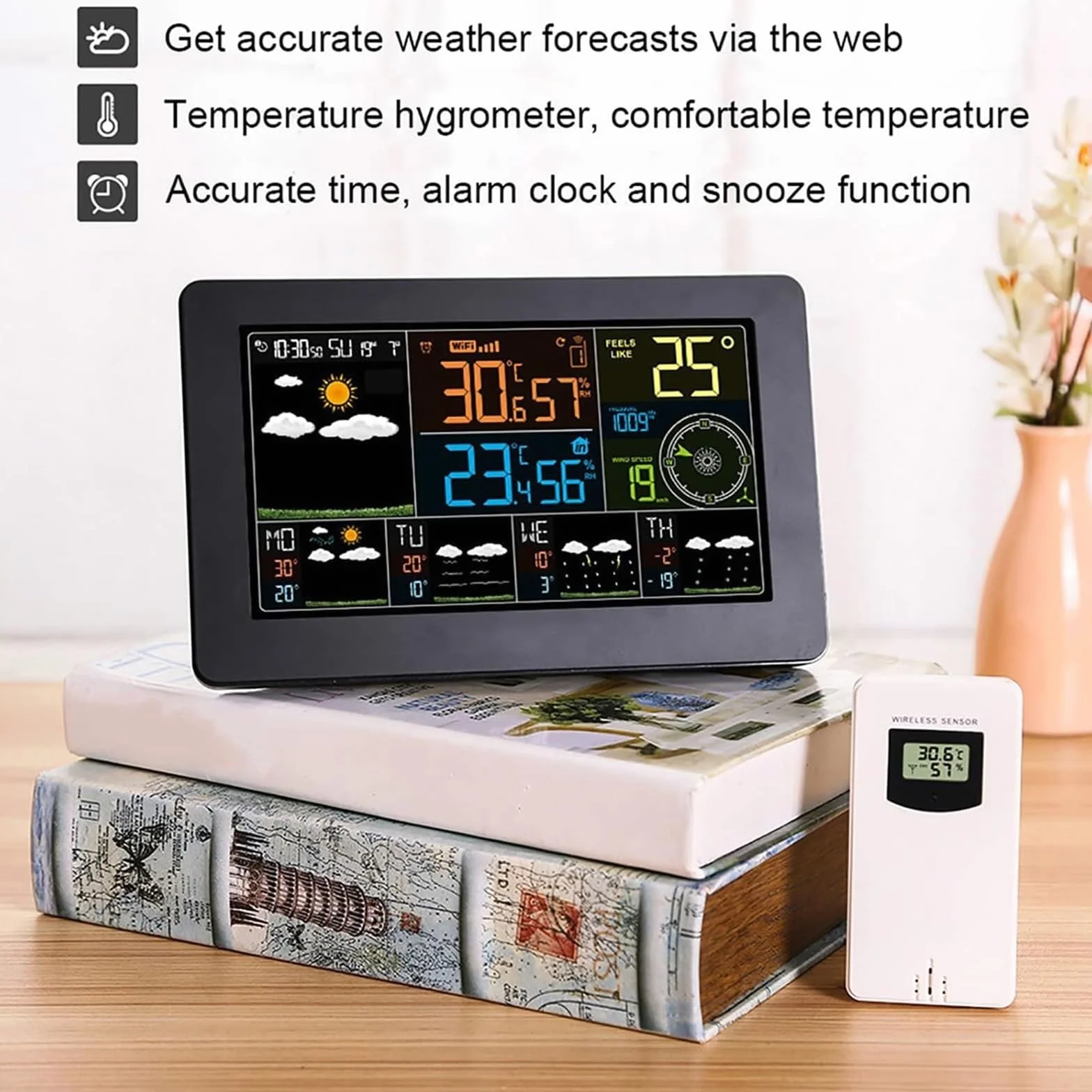 Station Météo WiFi sans Fil, Thermomètre Intérieur Extérieur Numérique avec Affichage Couleur, Horloge et Rétroéclairage Réglable
