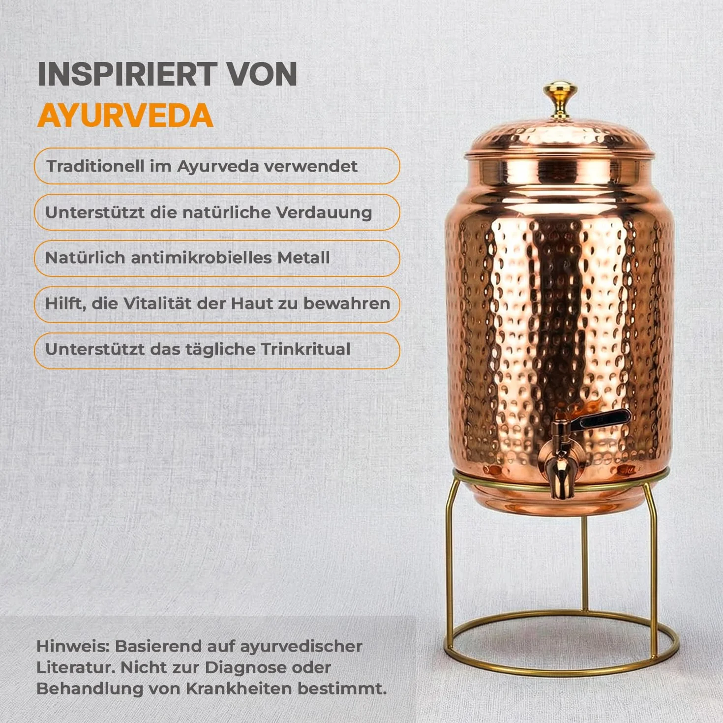 Distributeur d'eau en cuivre 5 l avec 2 tasses et support, réservoir cuivre pur, robinet anti-fuite