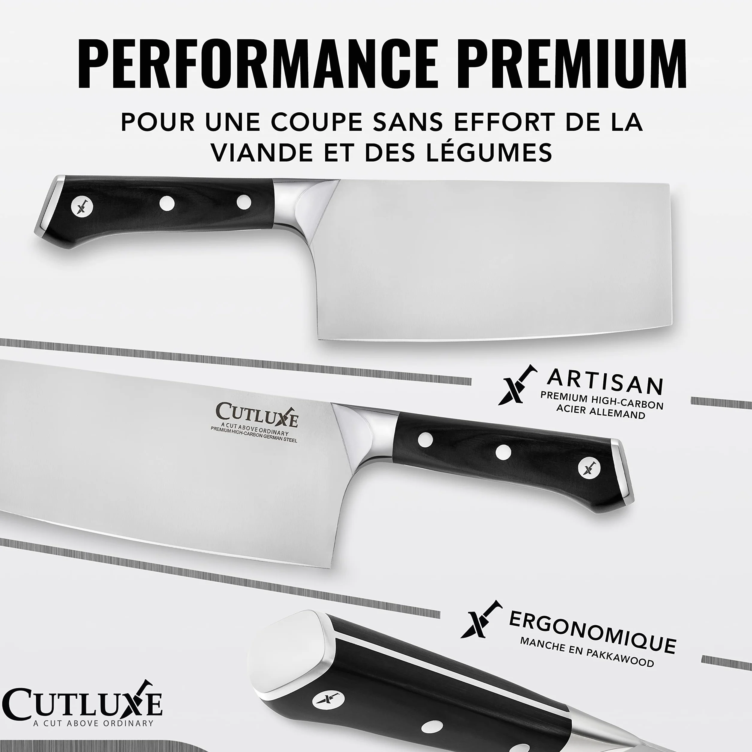 Cutluxe Couteau de Boucher 17.7 cm Acier Allemand Carbone Tang Complet Série Artisan