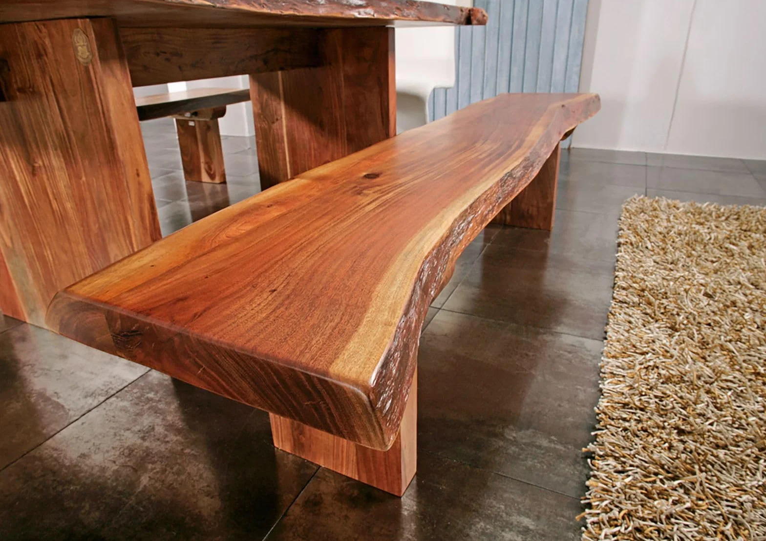 Banc 235x38cm Bois Massif d'Acacia Laqué Noisette Design Naturel Freeform