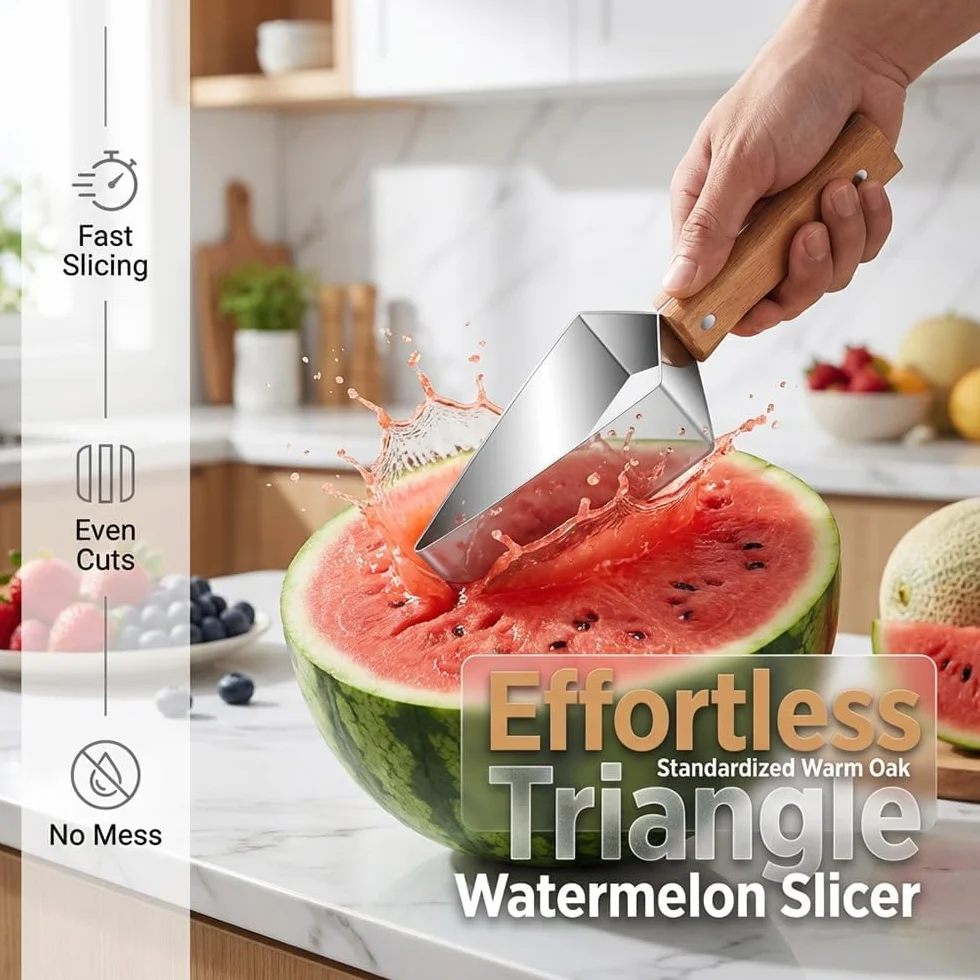 Coupe-Pastèque Triangle Acier Inoxydable Manche Bois Trancheur Melon Cuisine Camping