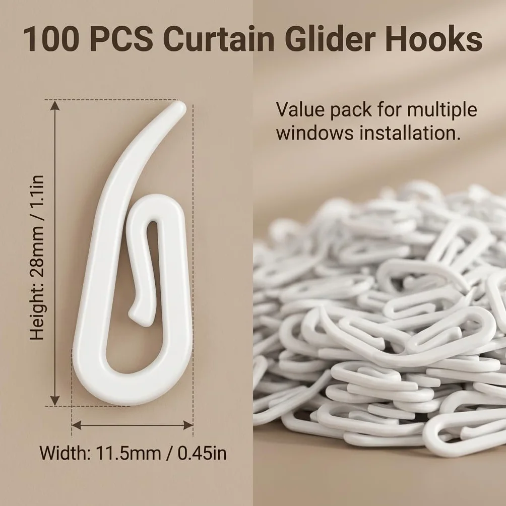 Crochets Rideaux Rail 28x11.5mm Blanc, Attache Rideau Plastique Solide Lot de 100