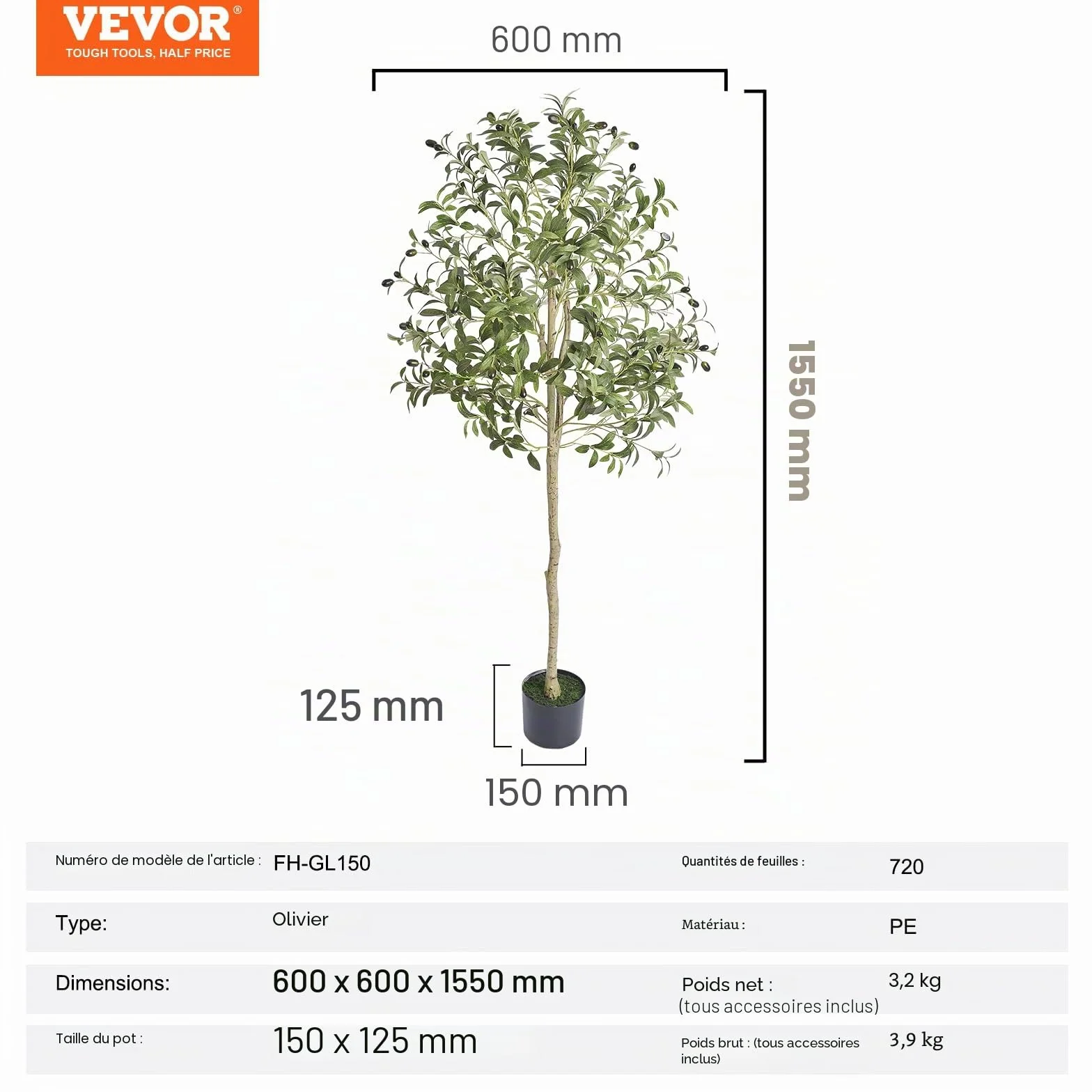 VEVOR Faux Arbre 155 cm Vert Plante Artificielle PE Haut Olivier avec Pot 150x125 mm