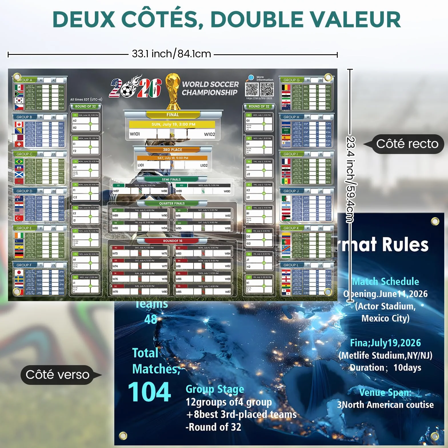 Calendrier Coupe du Monde 2026 QR code scores en direct 84.1x59.4 cm grand format police large Cadeau Fête des Pères