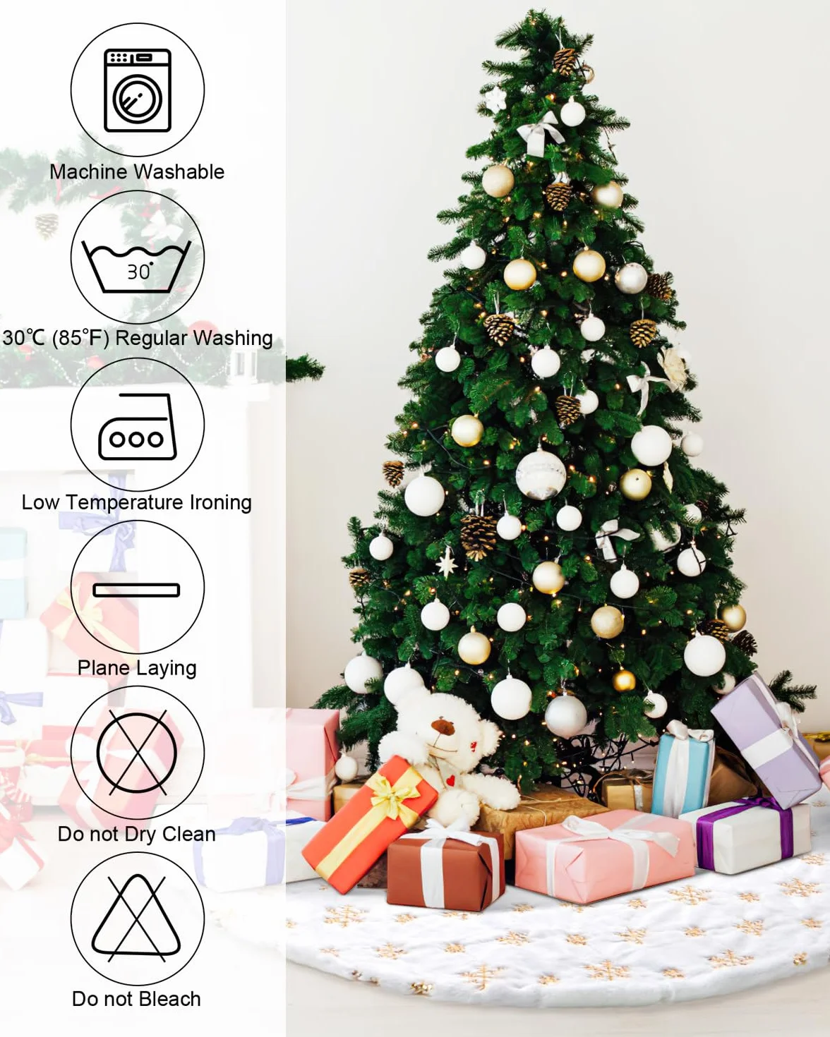 COOLWUFAN 48in 120cm Jupe de Sapin de Noël Blanc Doré Sequin Flocon de Neige