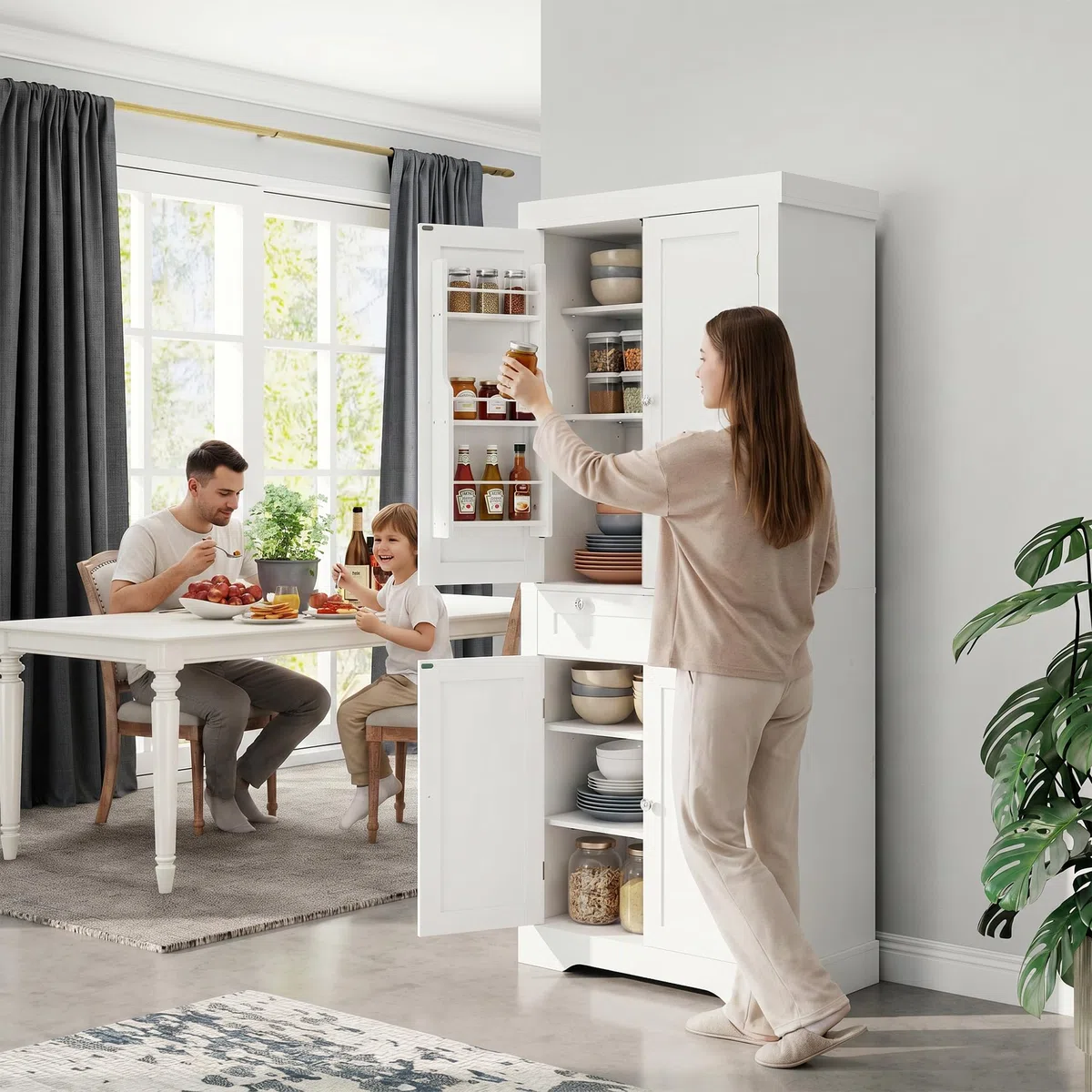 Meuble Cuisine, Buffet Haut Cuisine, Meuble Rangement avec 1 Tiroir et 4 Portes, Garde-Manger Moderne 76x40x182 cm – Panneau de Particules + MDF, pour Cuisine, Salle à Manger ou Salon, Blanc