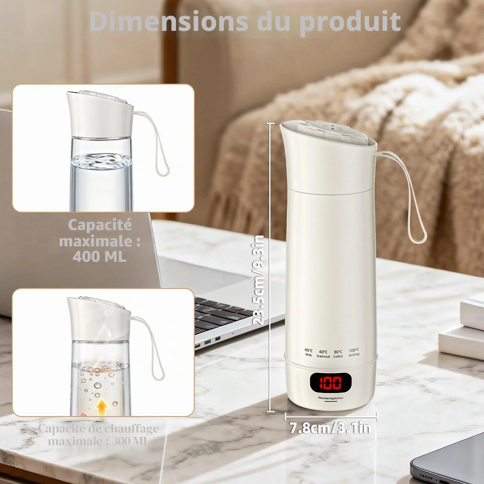 Mini Bouilloire Électrique Portable 400 ML 3 en 1 avec 4 Niveaux de Température, Doublure Acier Inoxydable 304