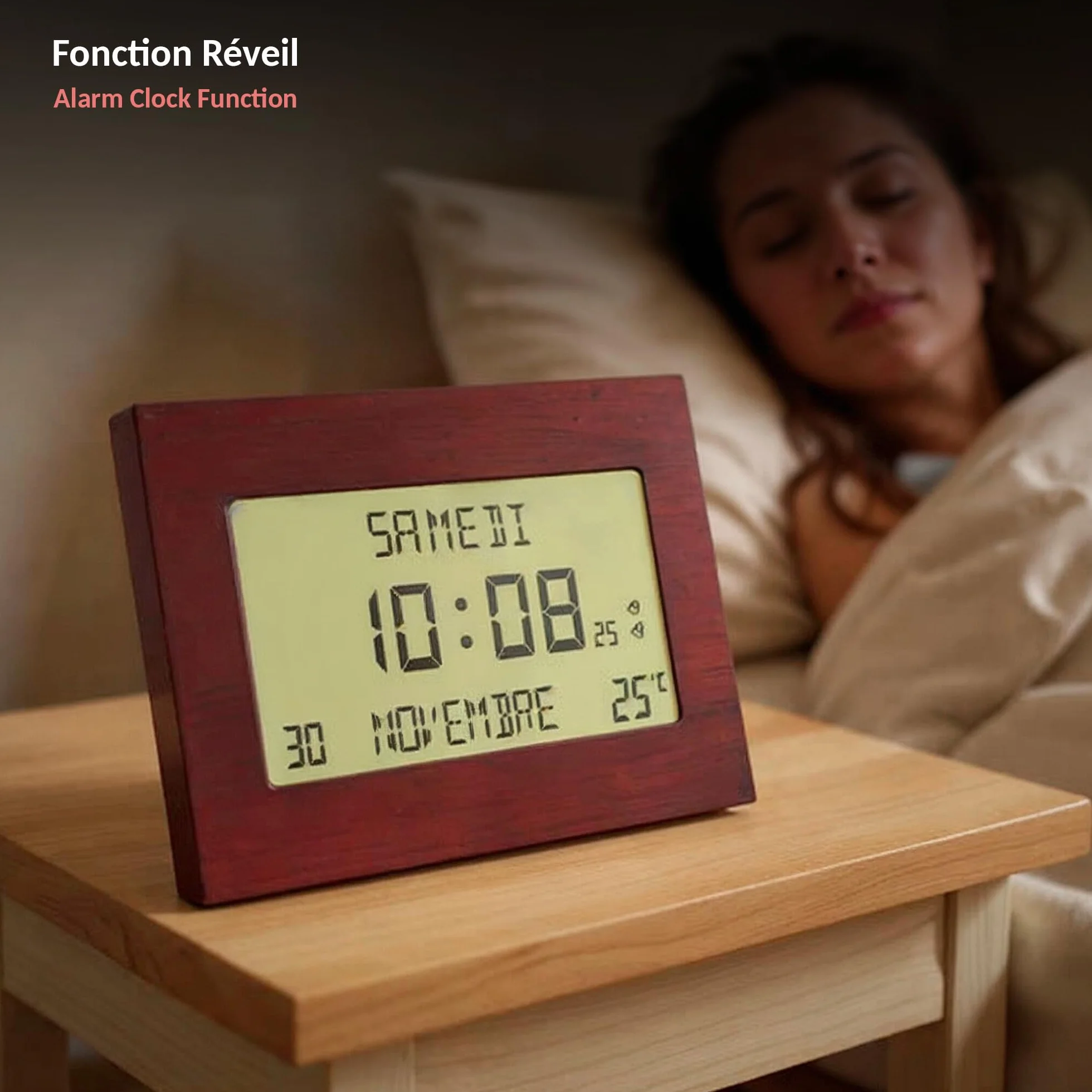 Fishtec Horloge Réveil Numérique Radiopilotée Motif Bois Grand Écran LCD Date Jour Température Double Alarme Snooze 23 x 16 cm