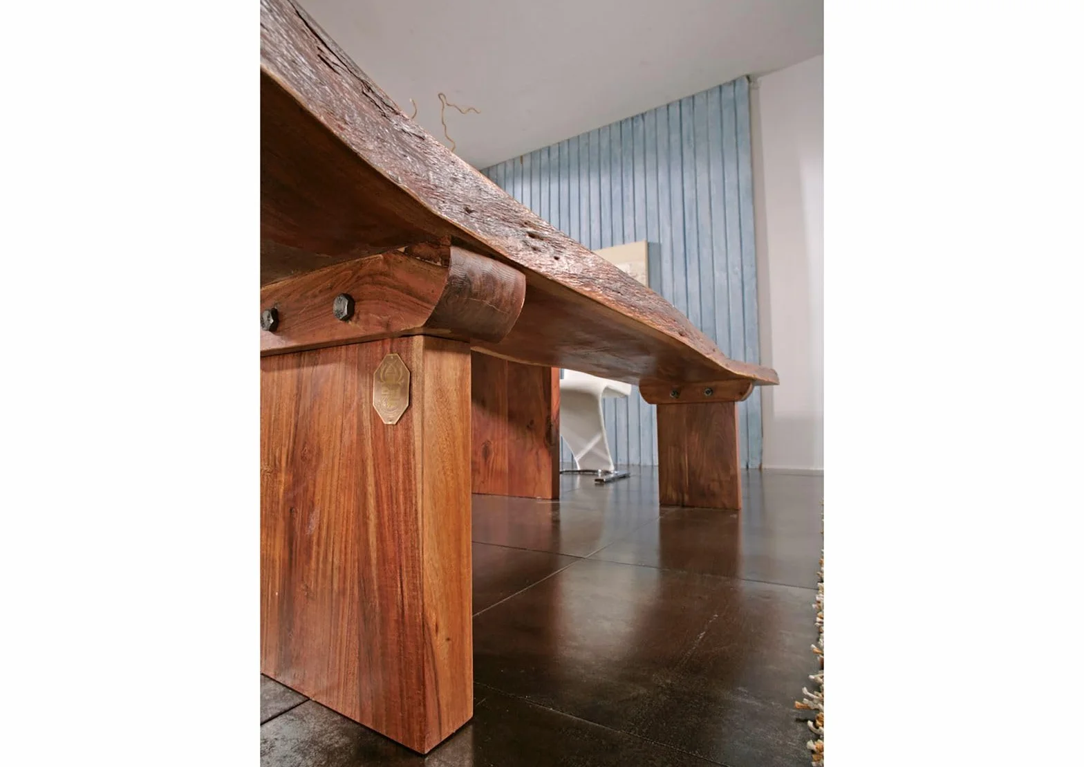 Banc 235x38cm Bois Massif d'Acacia Laqué Noisette Design Naturel Freeform
