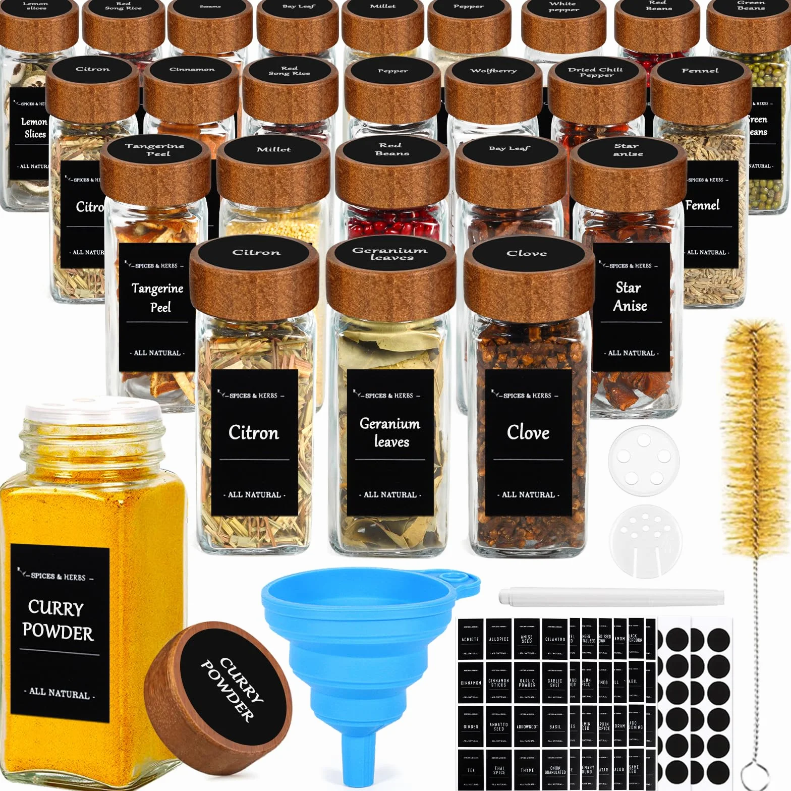 Pot à Épices en Verre et Bois, 24 Pièces 120ml, Set avec Étiquettes, Entonnoir, Brosse