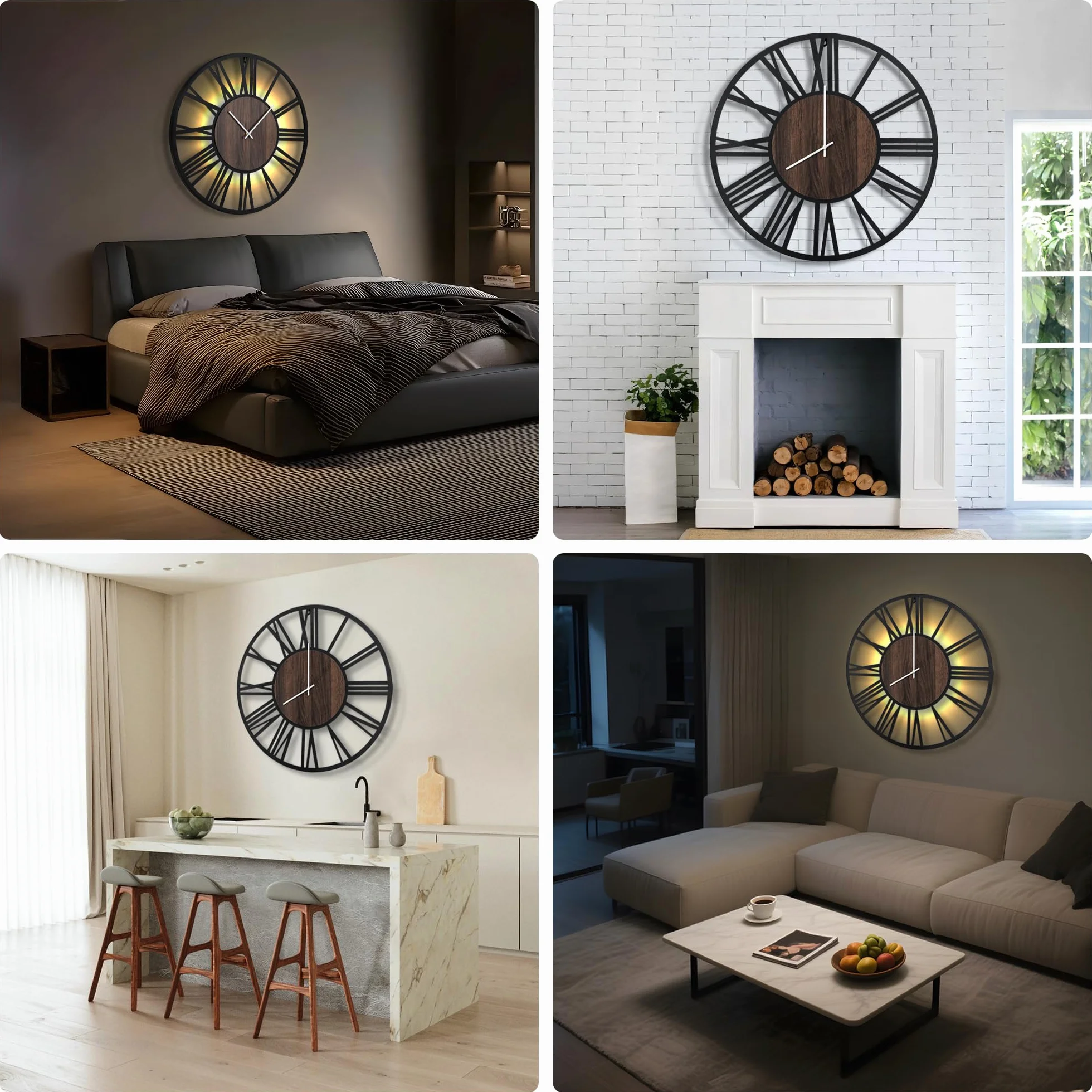 Maxstar Horloge Murale 80cm Silencieuse Style Bois Métal LED Moderne Chiffres Romains Noir