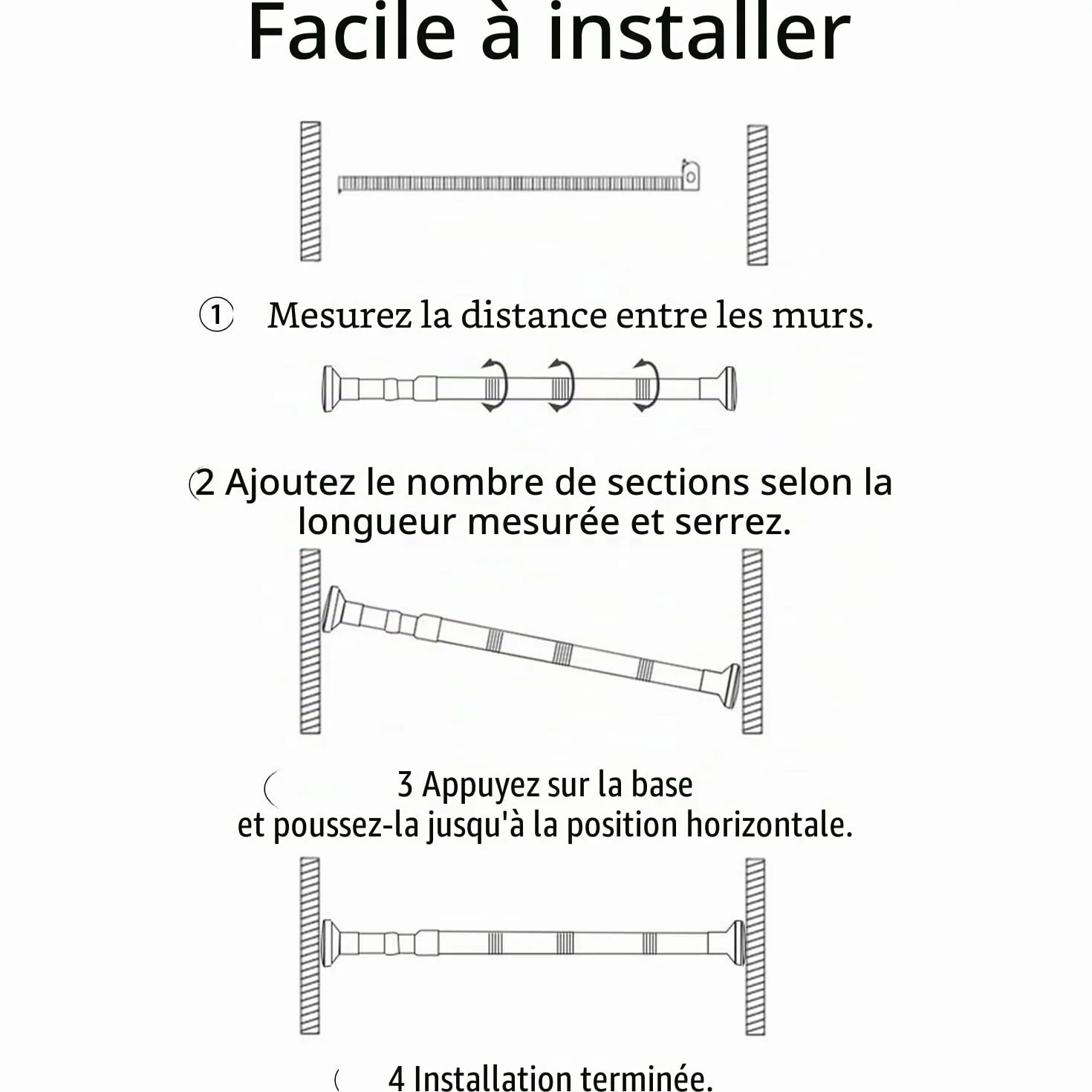 Barre Rideau Douche Sans Percage Extensible 48-200cm Inoxydable 304 Argenté Antidérapant