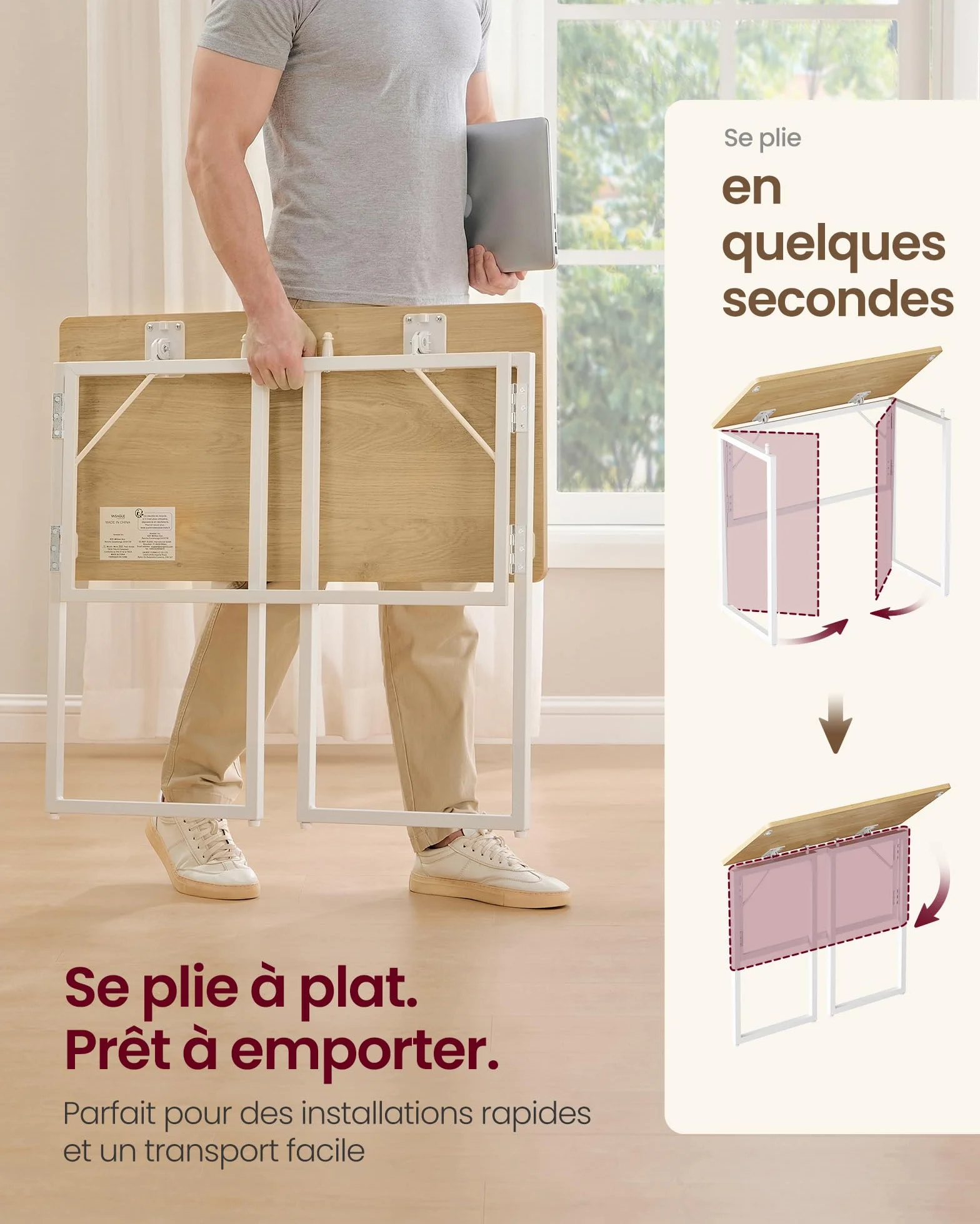 VASAGLE Table Pliante Bureau Pliable 80 x 40 cm Chêne Naturel