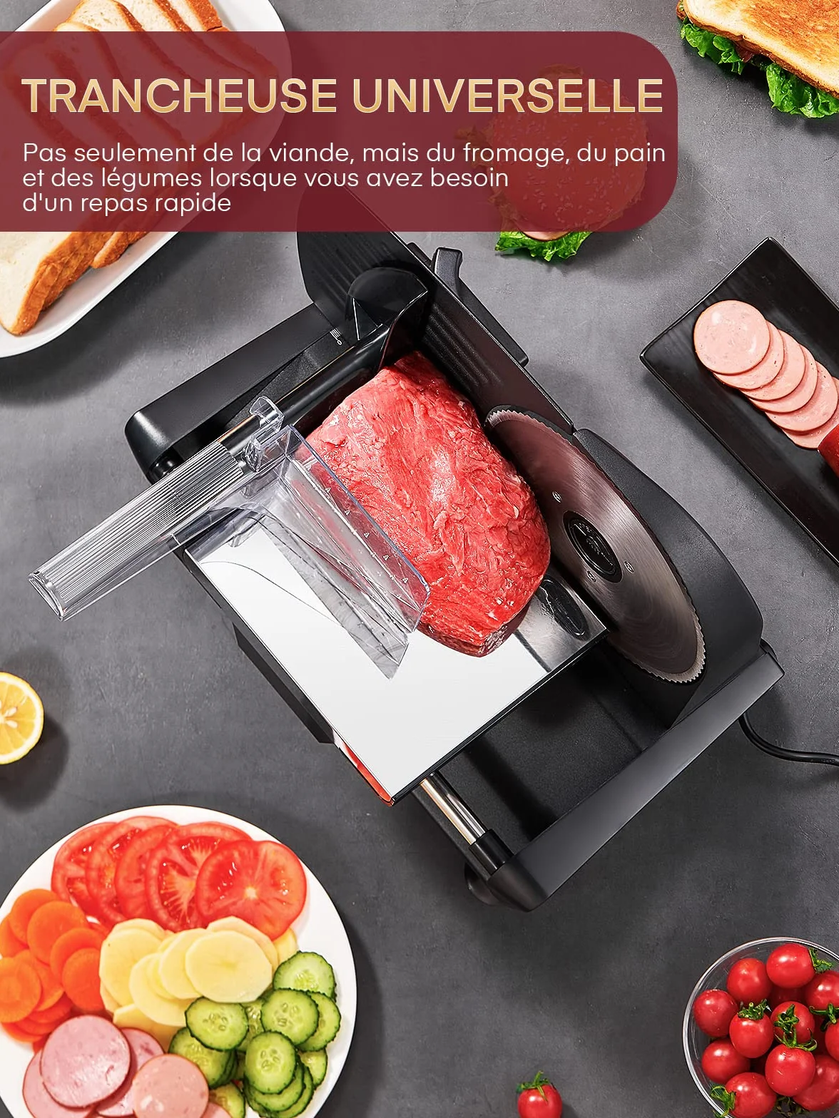 Trancheuse Electrique 200W 2 Lames 19 cm 0-15 mm d'épaisseur pour Jambon Saucisson