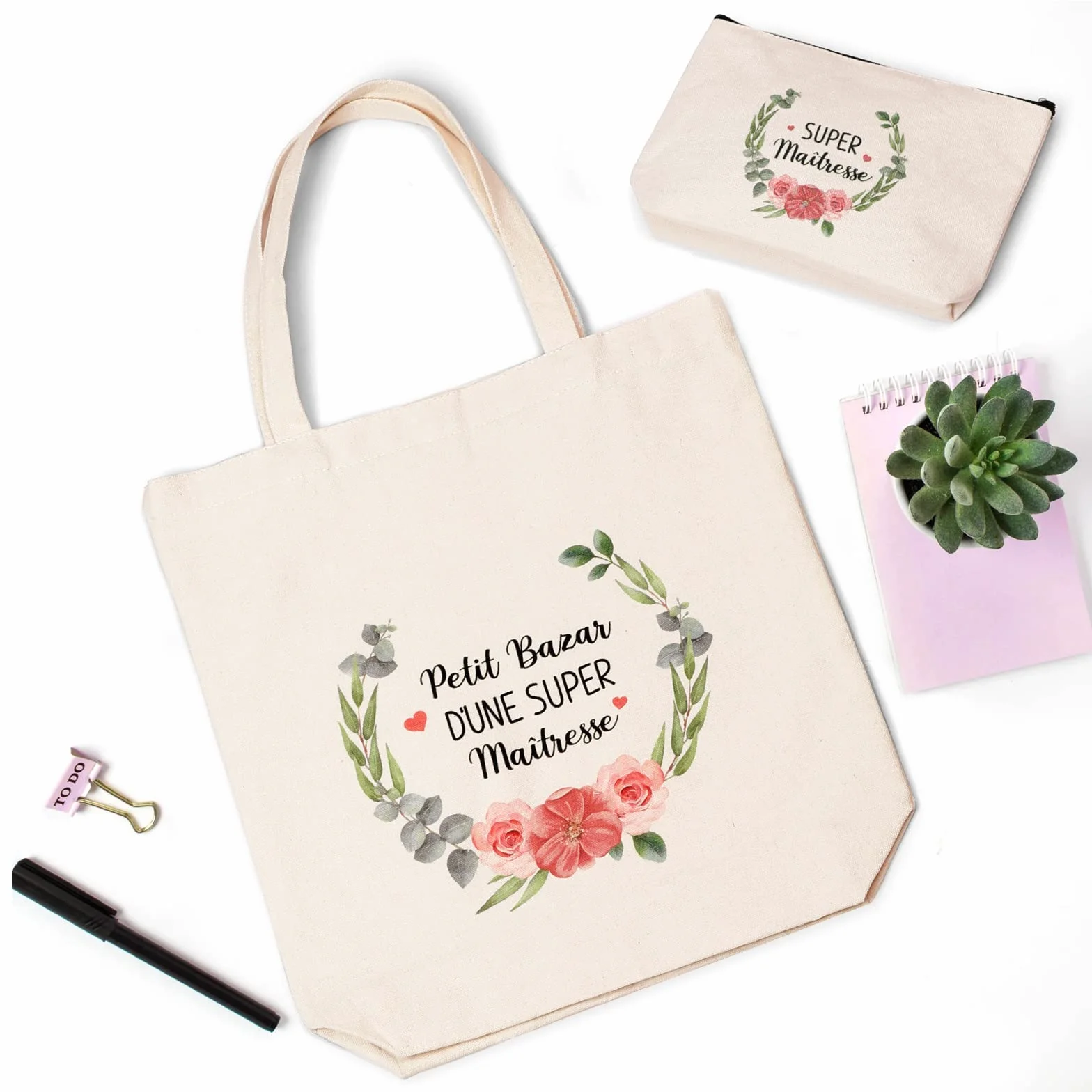Lot de 2 Tote Bags Coton Femme avec Petite Pochette Sac Tissu