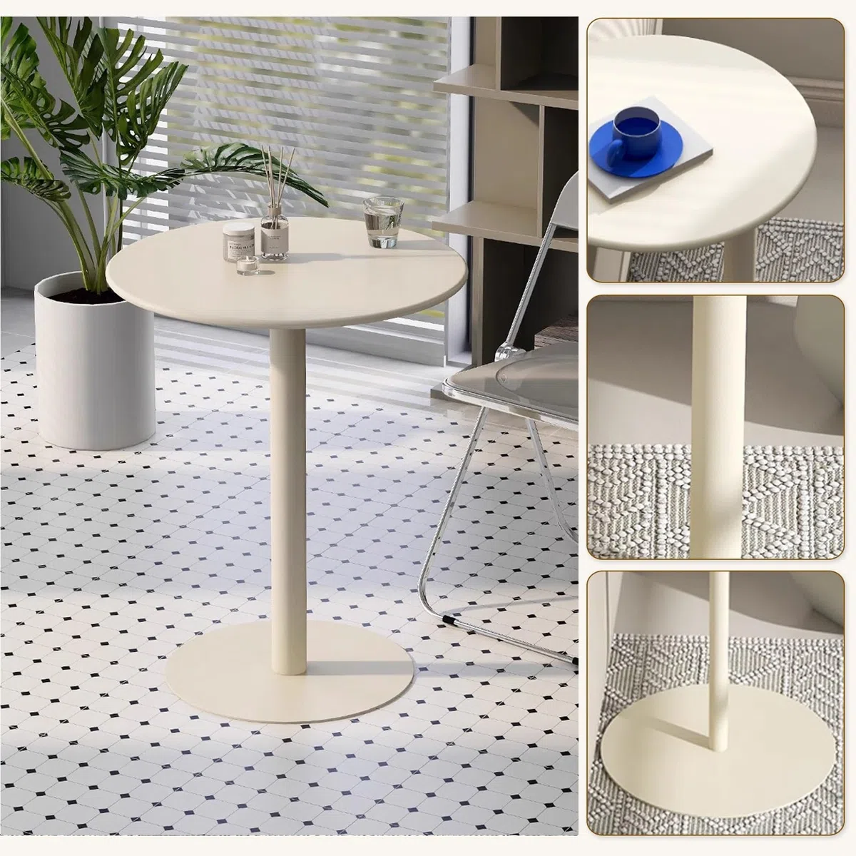 Table de bar d'extérieur ronde avec base en métal pour pub bistrot Hauteur comptoir Beige 70 x 70 x 104 cm