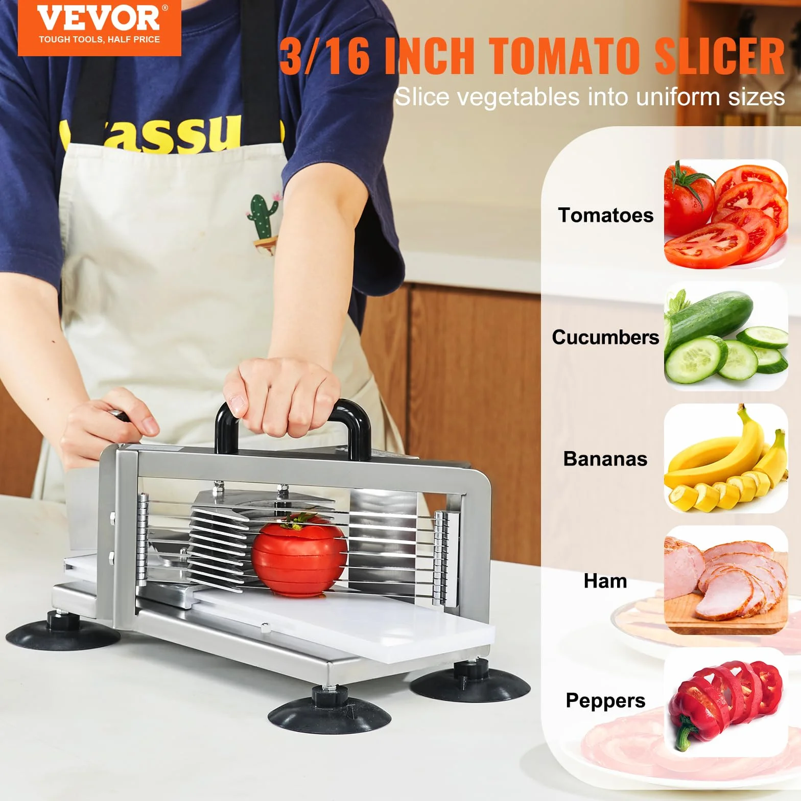VEVOR Coupe-tomates Commerciale Trancheuse à Tomates 4,8 mm Acier Inoxydable Pieds Antidérapants