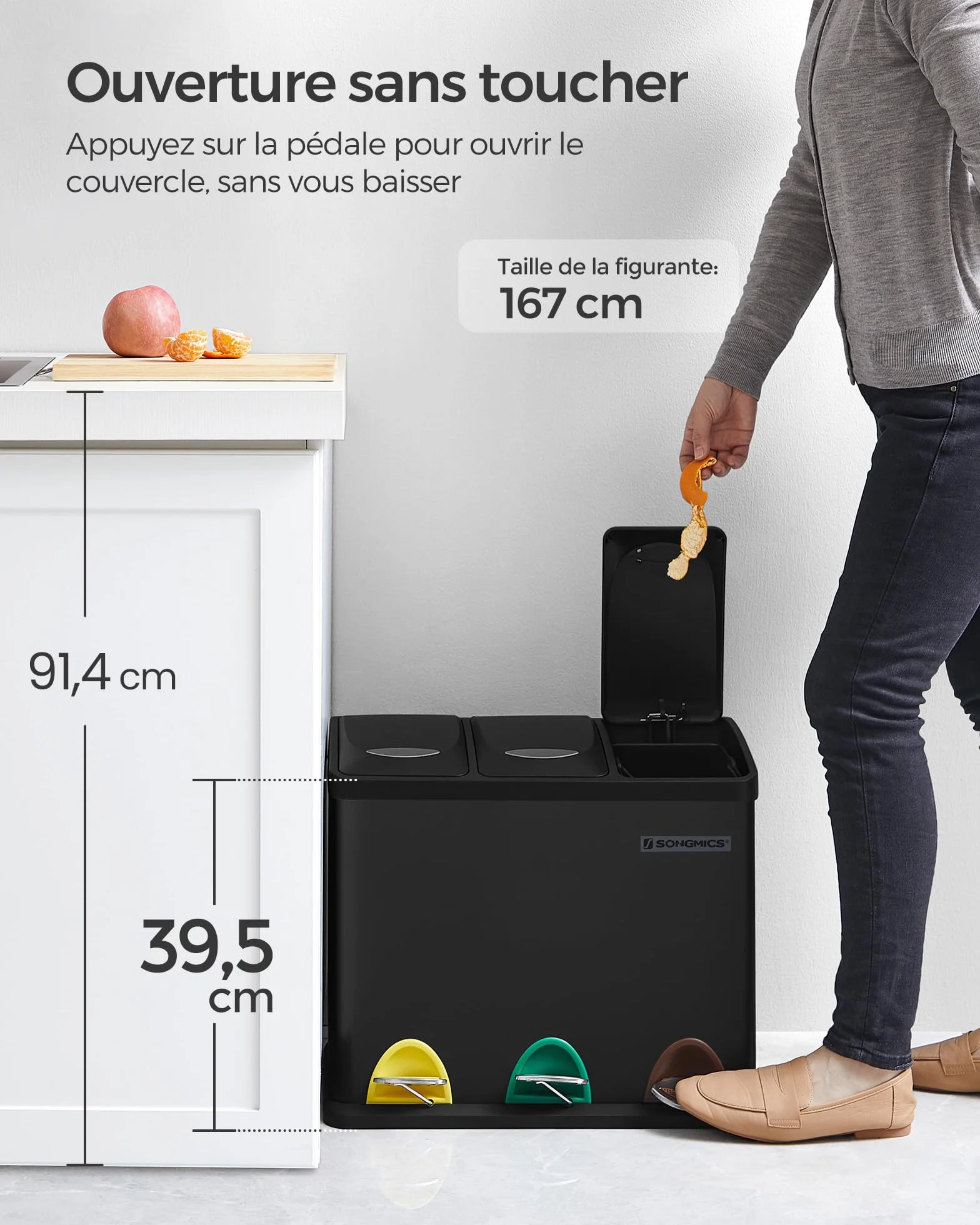 SONGMICS Poubelle Cuisine Tri 3x8L Acier Noir LTB24BK
