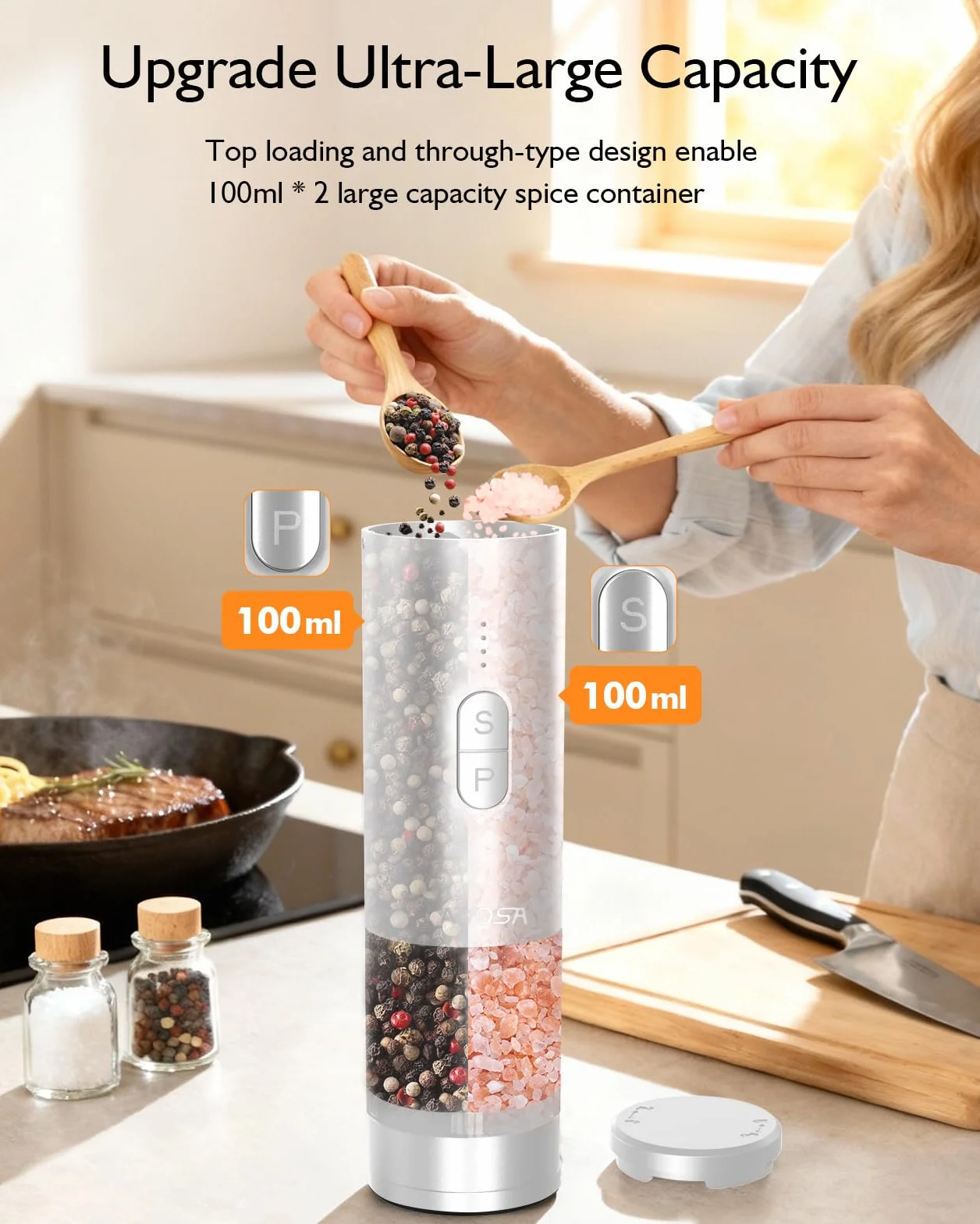 AMOSA Moulin à Poivre Électrique 2 en 1 Double Réservoir, Double Meule en Céramique USB Rechargeable avec Lumière LED Blanc