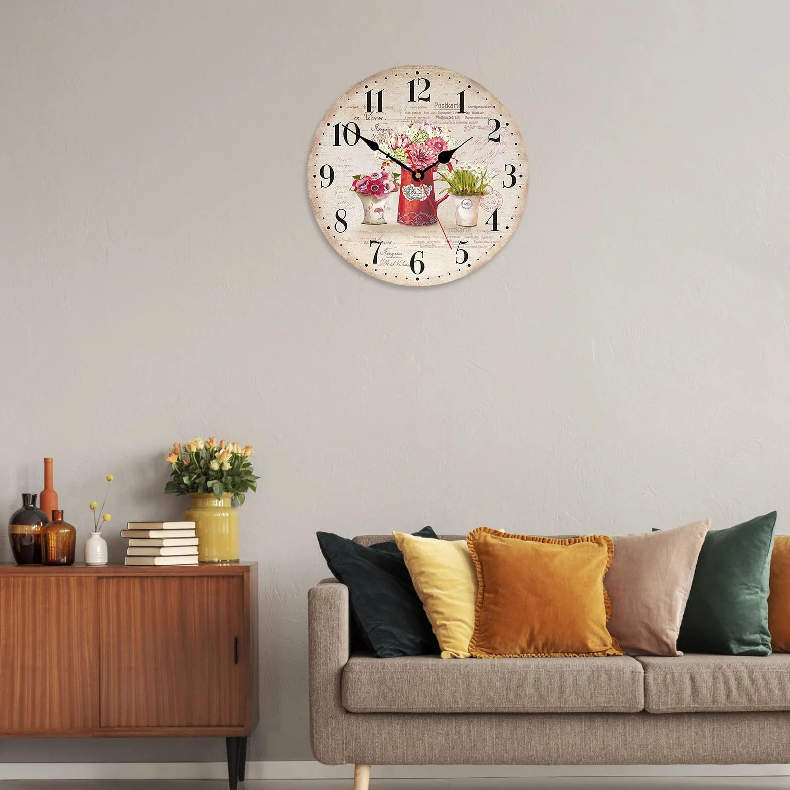 TAHEAT 30 cm Pendule Murale Vintage Fleurs Plantes Horloge Silencieuse Bois