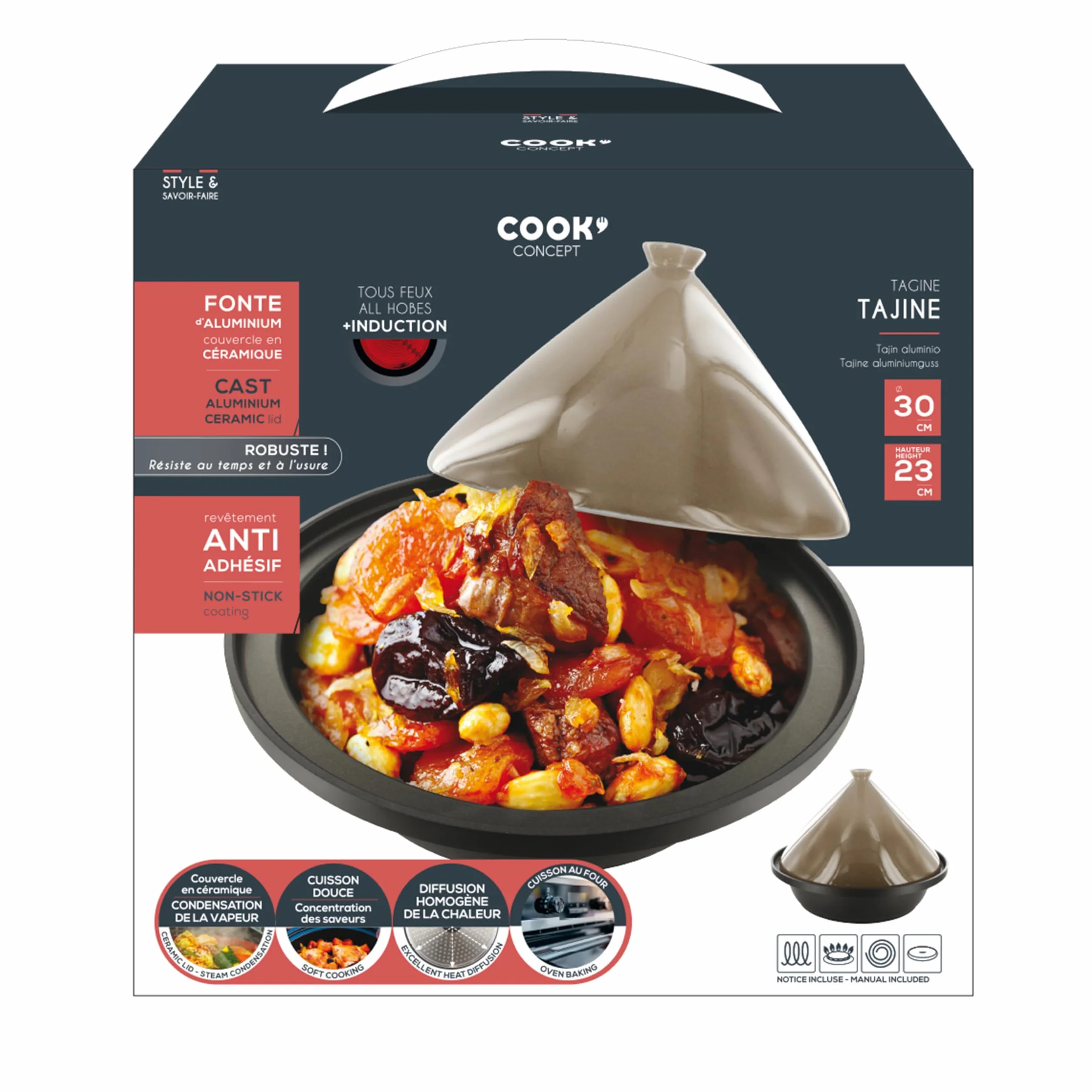 COOK CONCEPT Tajine en Fonte d'Aluminium Ronde Antiadhésif Compatible Induction 30 cm Taupe
