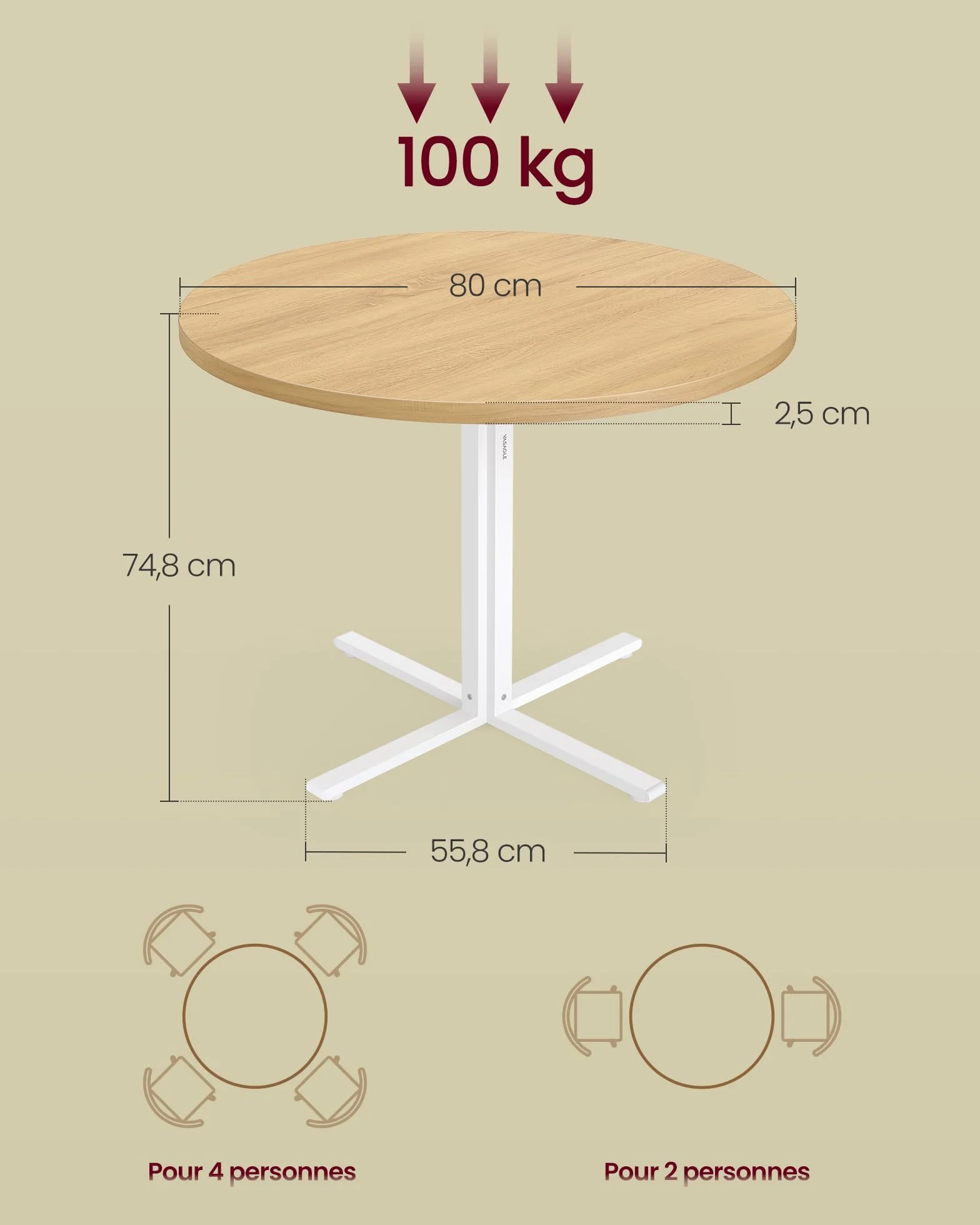 VASAGLE Table Ronde Cuisine 80 cm 4 Personnes Doré Chêne