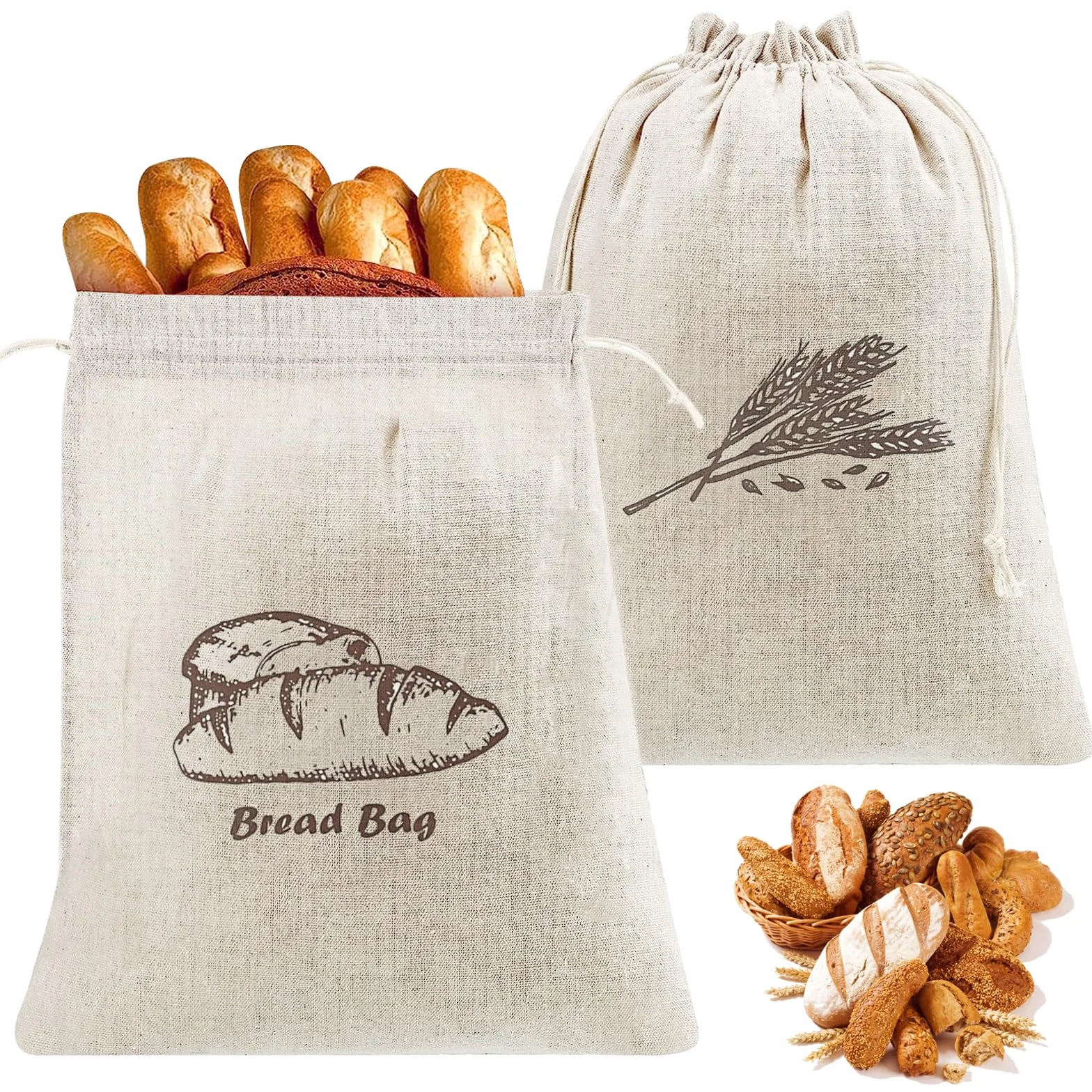 Sac à Pain Tissu Réutilisable 44 x 29 cm avec Cordon de Serrage pour Cuisine, Pain, Fruits et Légumes