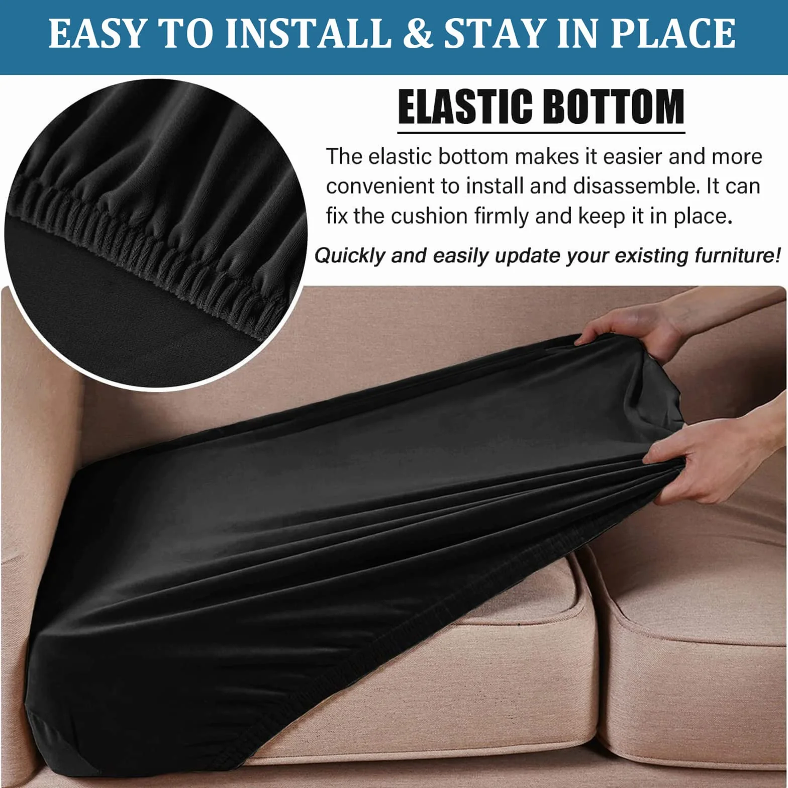 Housses de Coussin de Canapé en Velours Extensible, Remplacement pour Coussin Individuel (Grand 1 Place, Noir)