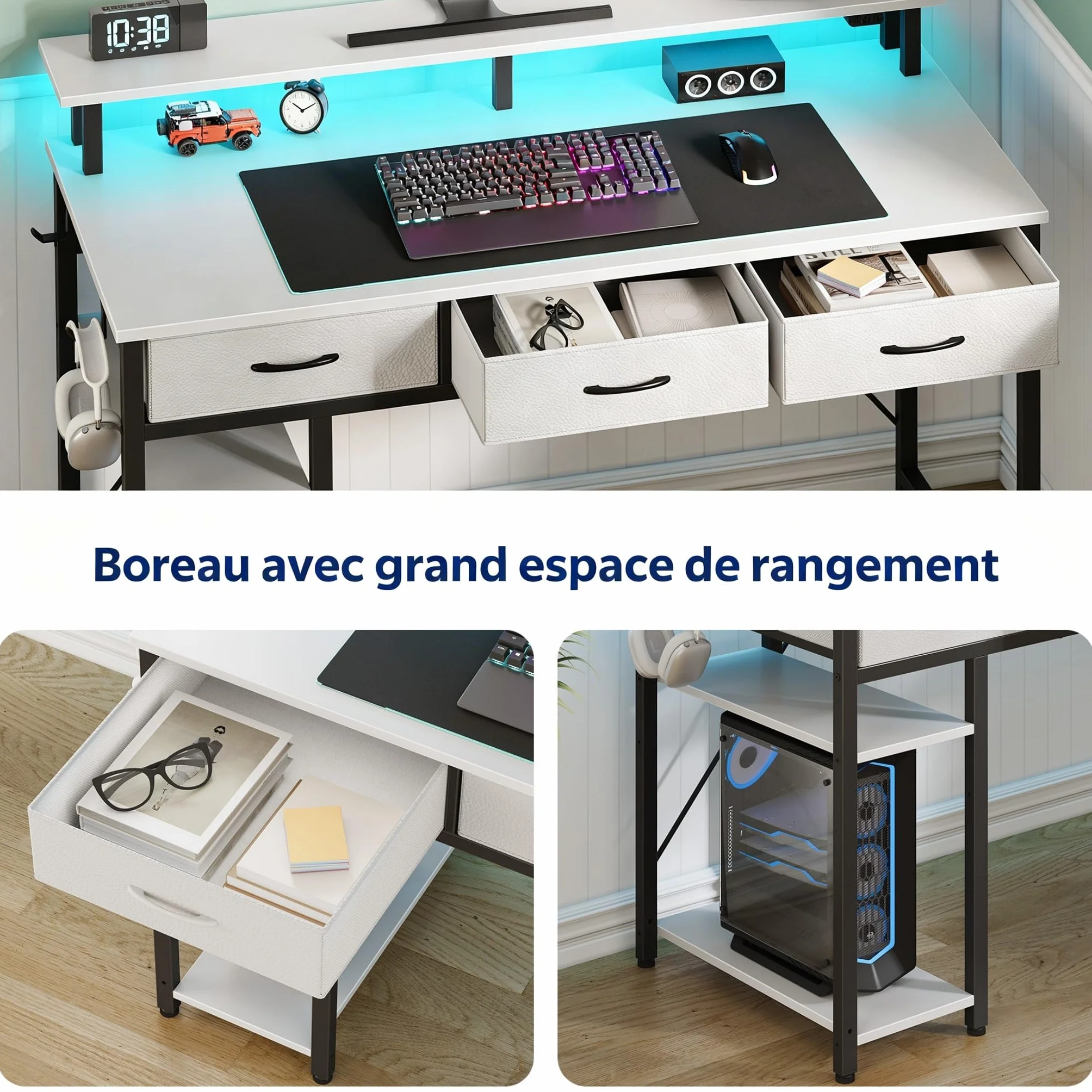 Rolanstar Bureau avec Rangement 100 cm - Table Ado 3 Tiroirs LED RGB Prises de Courant, Blanc