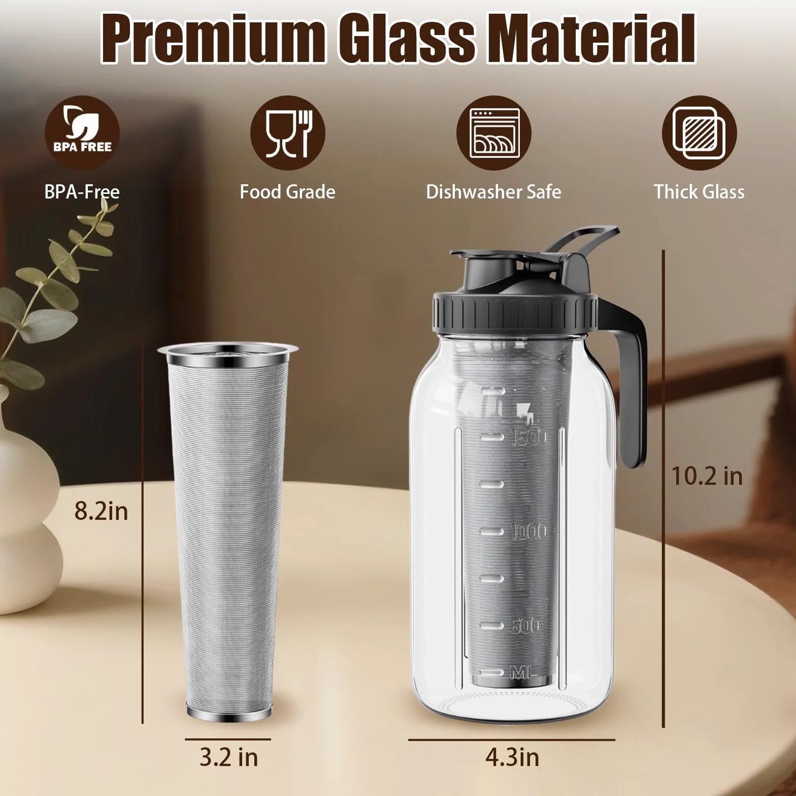 Carafe Cold Brew 2 L/60 Oz avec Couvercle et Filtre Acier Inoxydable Machine à Café Froid