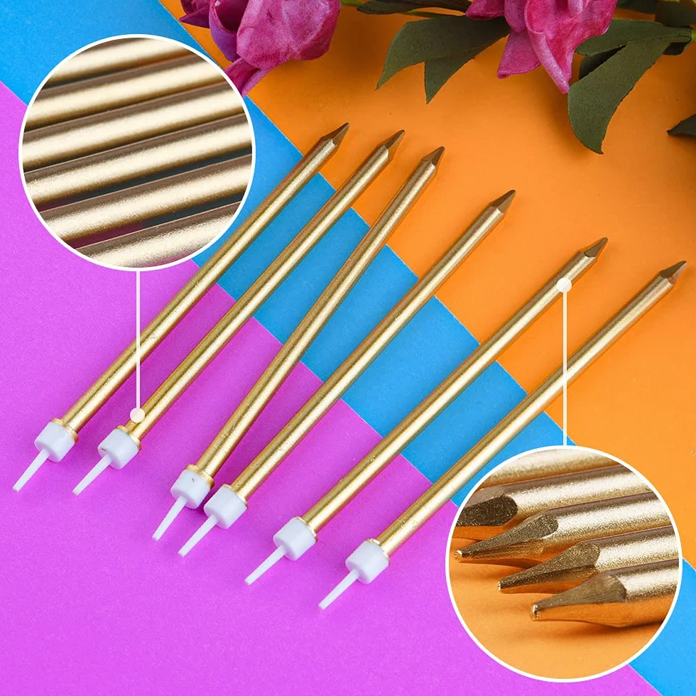 URAQT Bougies Métalliques Fines Dorées avec Support, 24 Pièces pour Gâteau d'Anniversaire et Mariage