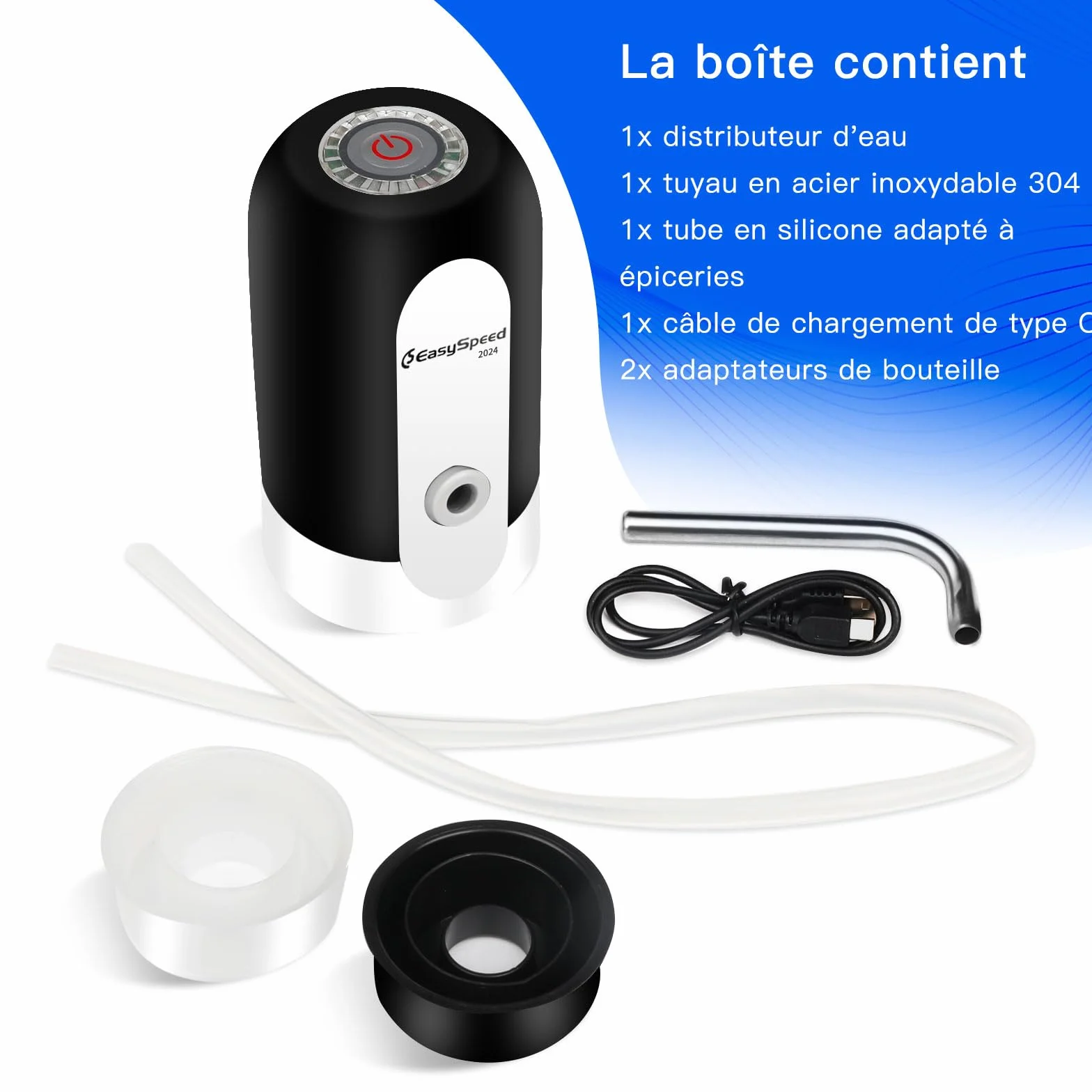 EASYSPEED Distributeur Eau Portable Rechargeable USB avec 2 Adaptateurs pour Camping Maison Bureau