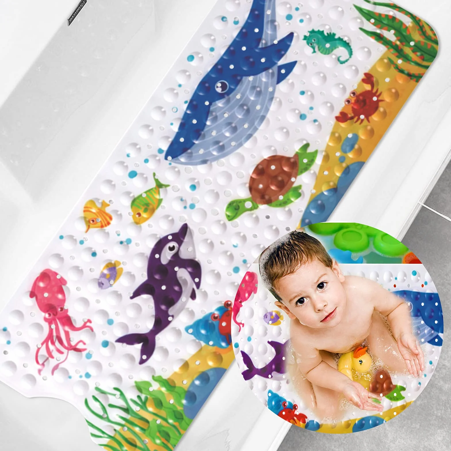 Tapis de Baignoire Antidérapant 100 x 40 cm avec Ventouse PVC Dessin Animé Animaux Marins Enfants