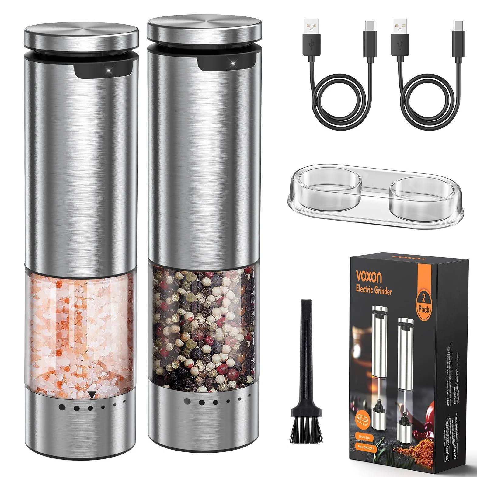 VOXON Lot de 2 moulins à sel et à poivre rechargeable USB, 5 niveaux de mouture réglable, électrique avec lumière LED