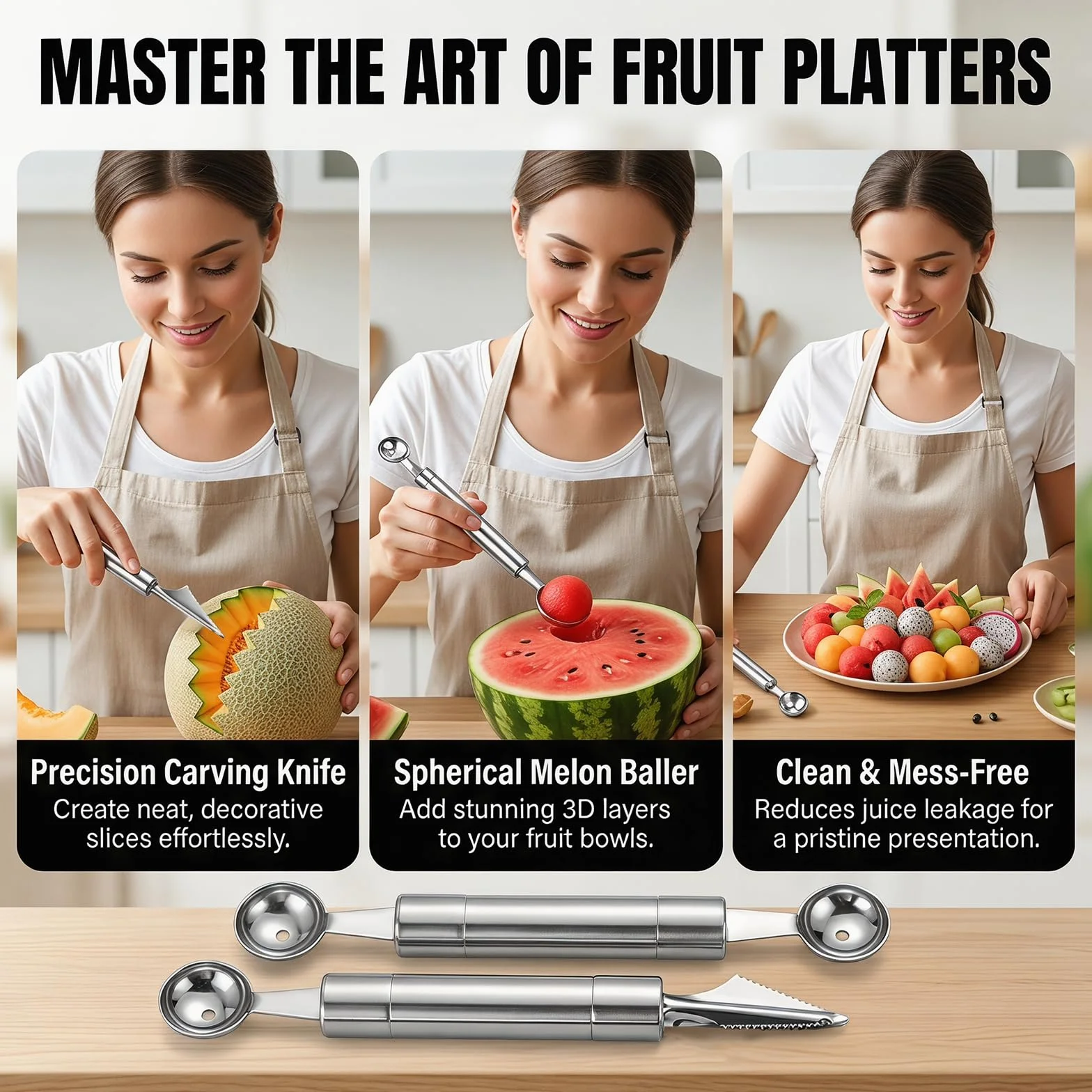 4PCS Outil à Découper les Fruits Éplucheur Cuillère à Melon Double Tête Ustensiles de Cuisine