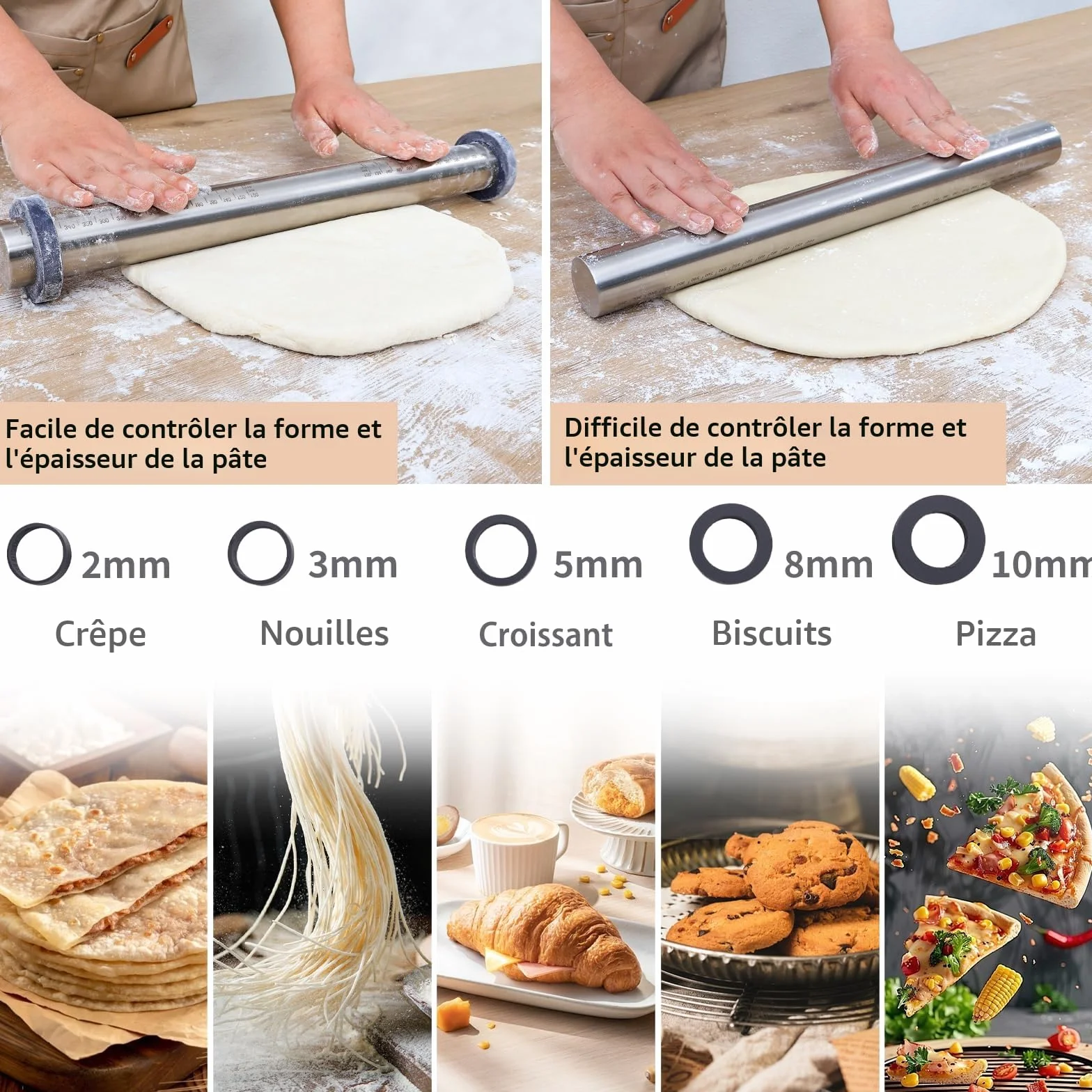 Rouleau à Pâtisserie Antiadhésif Ajustable en Acier Inoxydable 40cm, avec Anneaux Amovibles 5 Tailles