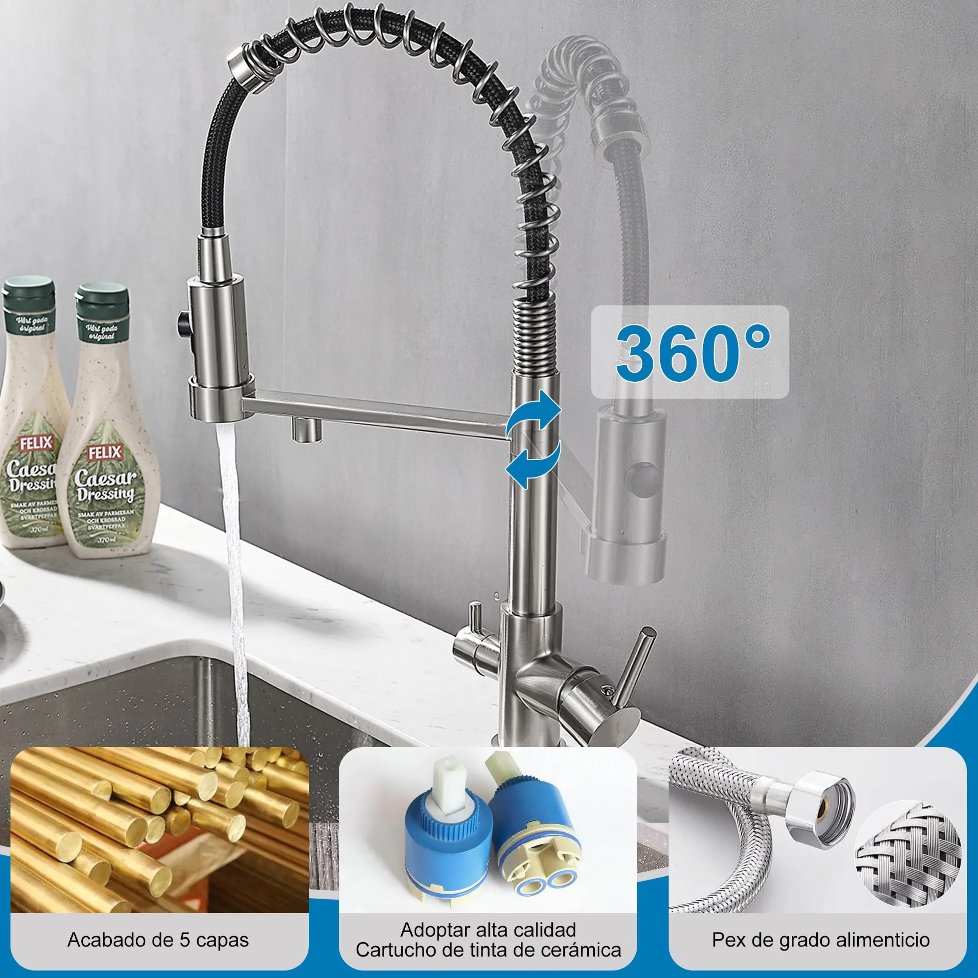 Robinet de cuisine 3 voies extensible en laiton 3 en 1 pour filtre à eau Nickel brossé