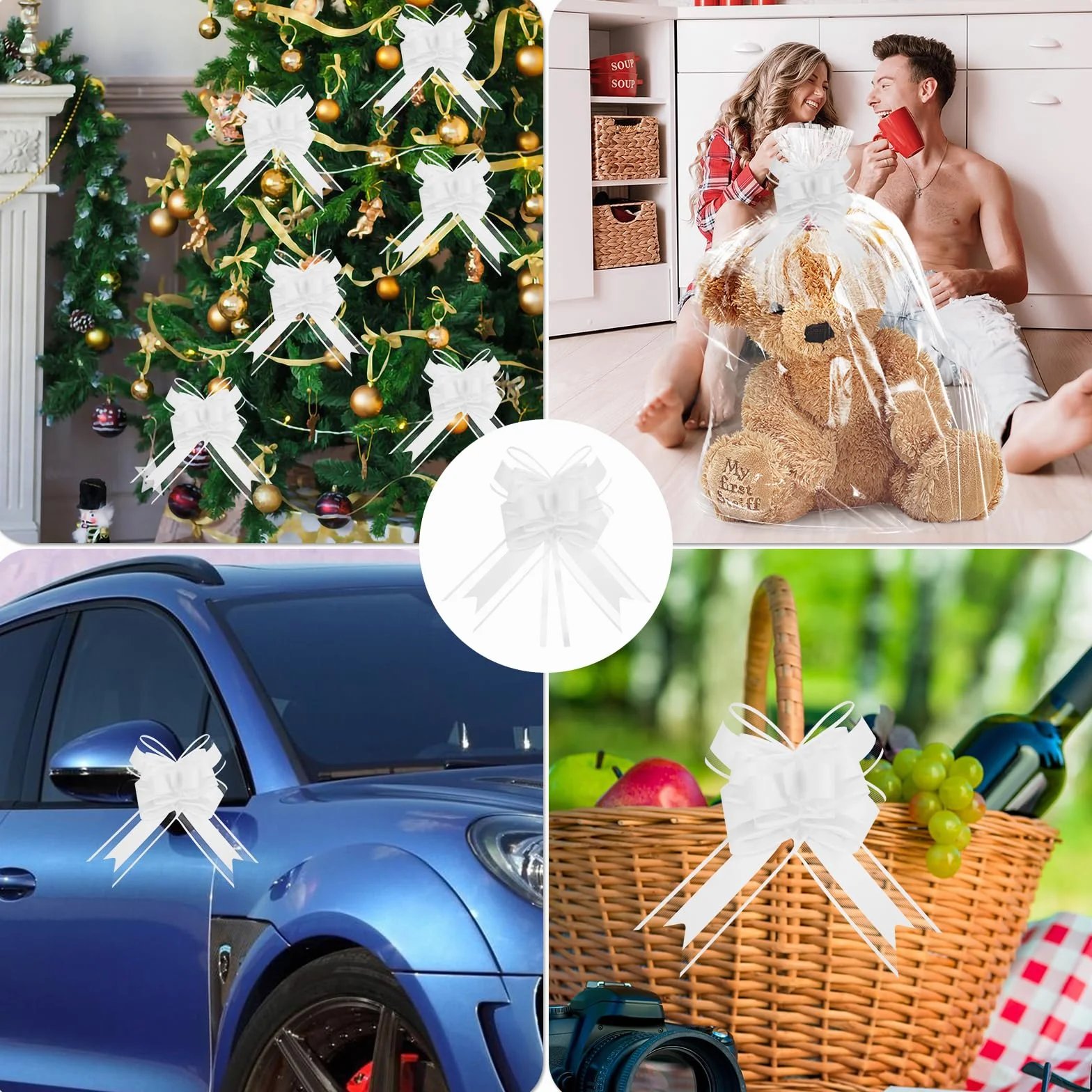 Lot de 50 Grands Nœuds en Organza Blanc pour Décorations Voiture de Mariage