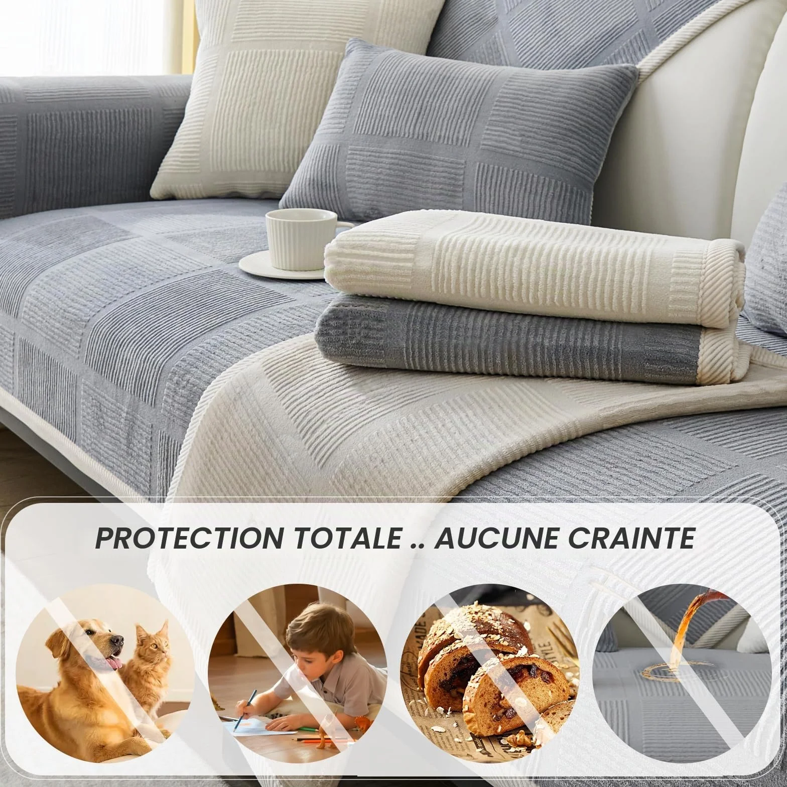 Housse de Canapé Universelle avec Support Antidérapant, Texturée, Solide, en Forme de L