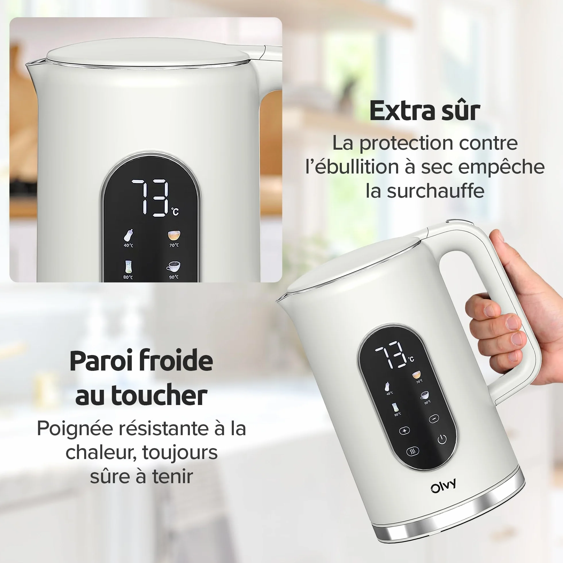 Olvy Bouilloire Électrique 1,7L Inox 2200W Double Paroi Maintien au Chaud